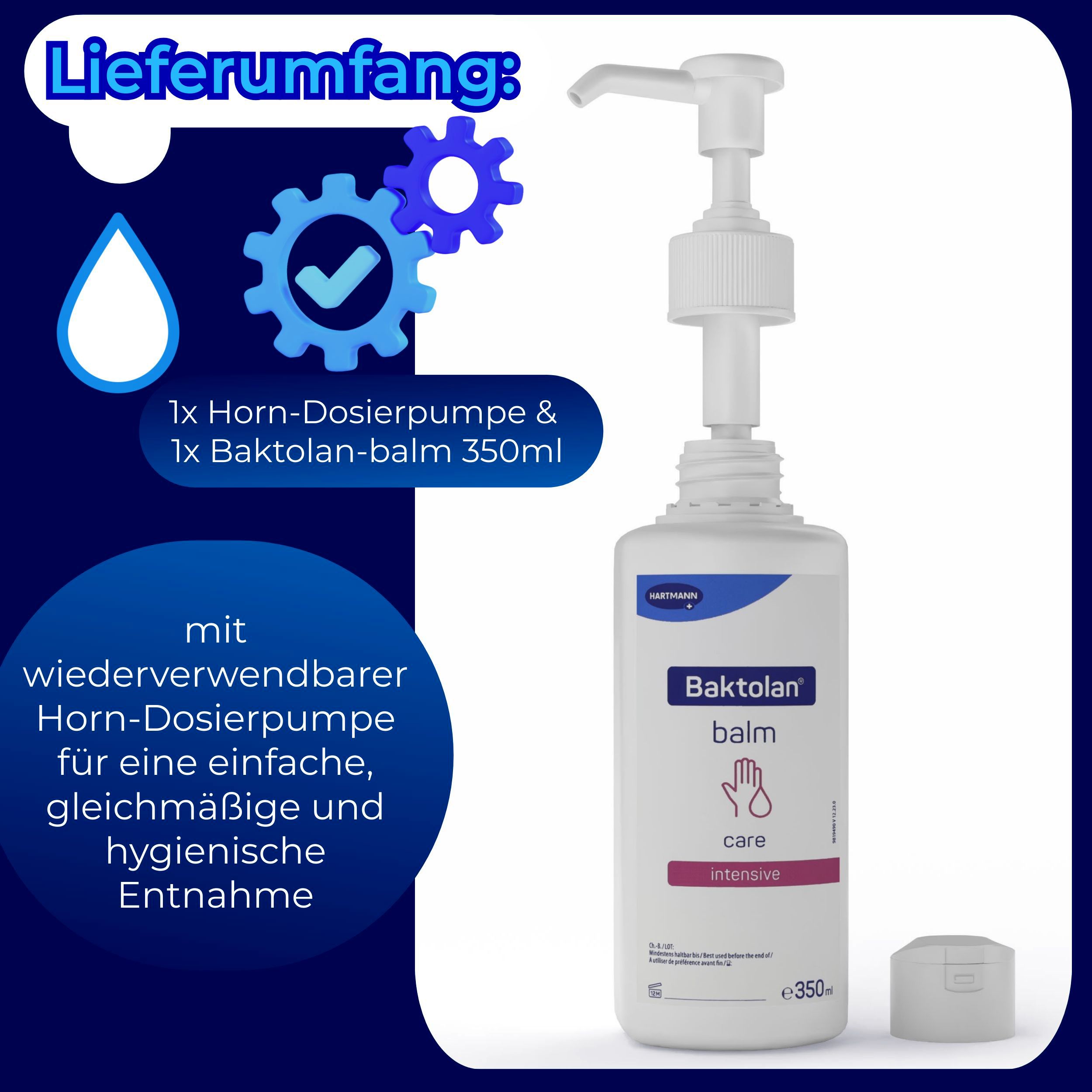 Baktolan balm Flasche mit Dosierpumpe. Text: care, intensiv. Text: 1x Horn-Dosierpumpe & 1x Baktolan-balm 350ml.