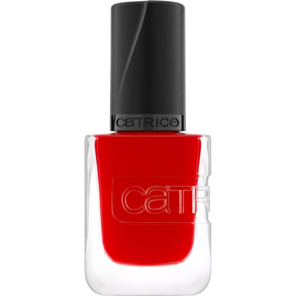 Roter Nagellack in quadratischer Glasflasche mit schwarzem Deckel. Marke Catrice ist sichtbar.
