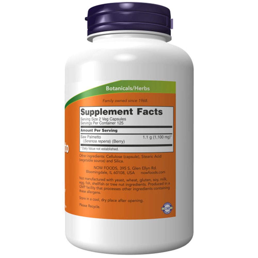 Rückseite der Flasche. Aufschrift: Botanicals/Herbs, Supplement Facts. Inhaltsstoffe. NOW FOODS. GMP-Zertifizierung.