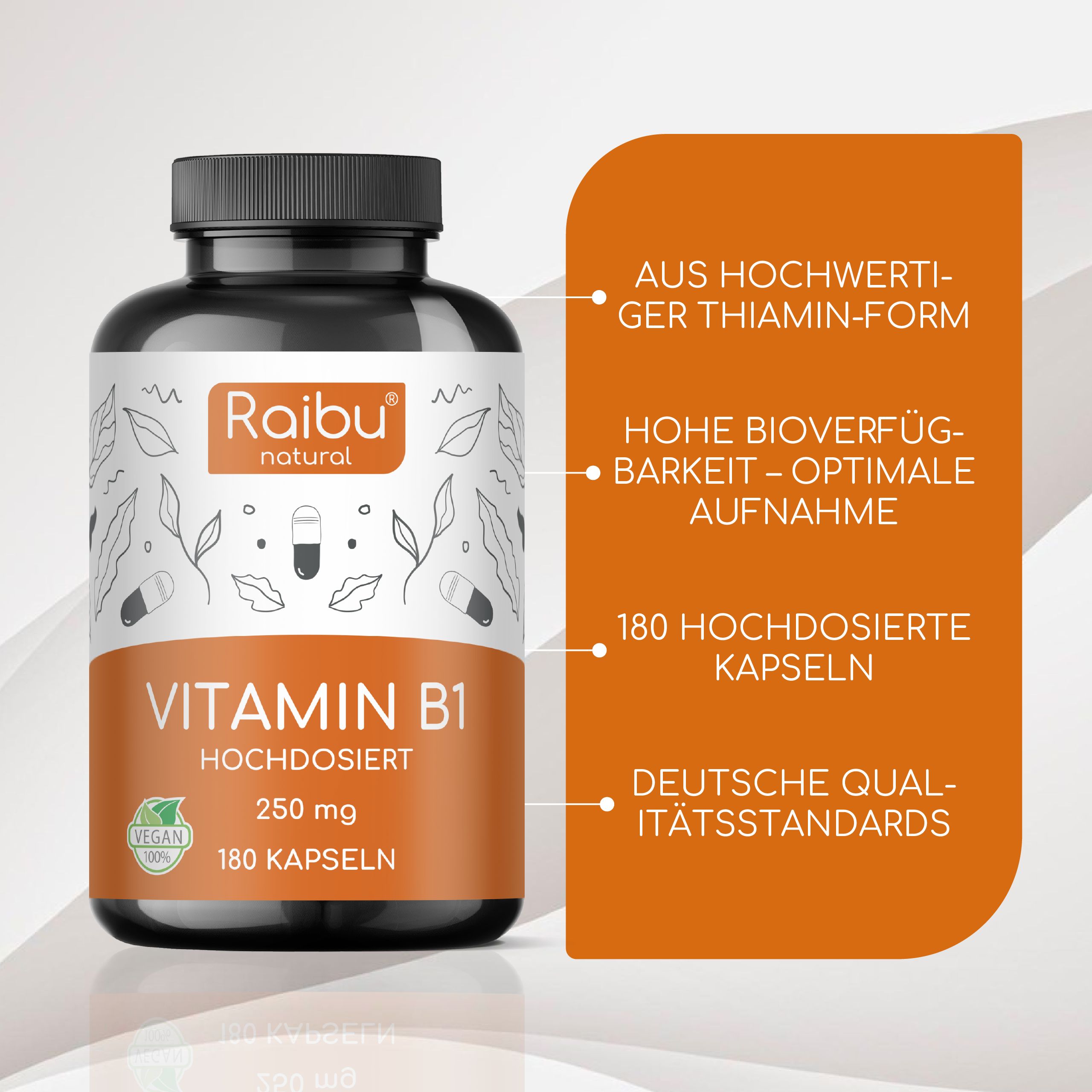 Braune Flasche mit Vitamin B1 Kapseln. Aufschrift: 250 mg, 180 Kapseln. Vegan-Siegel. Deutsche Qualitätsstandards.
