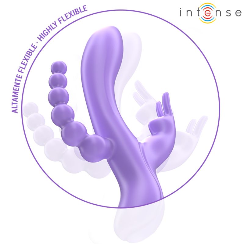 Lila Vibrator mit Kaninchen- und Stimulator-Design. Hervorgehobene Flexibilität. Marke: Intense.