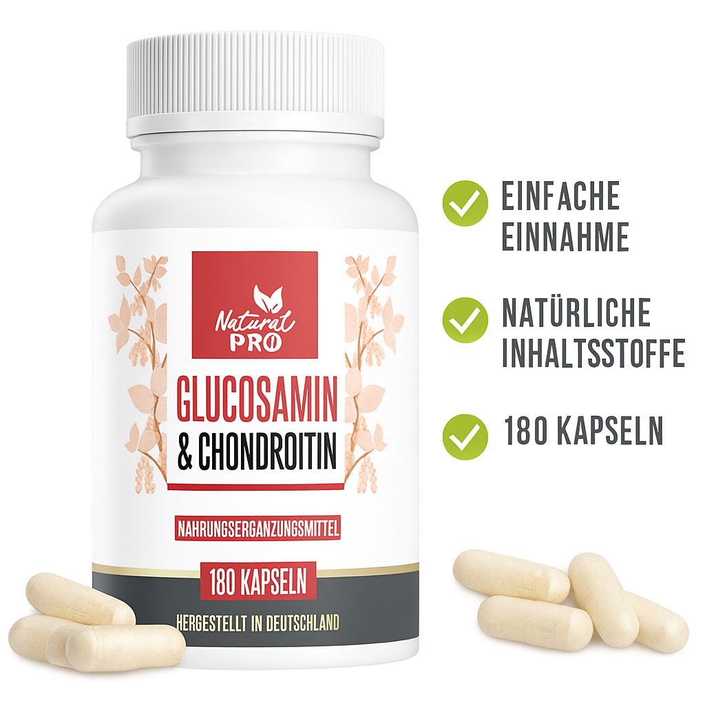 Weiße Flasche mit Kapseln. Aufschrift: Natural Pro, Glucosamin & Chondroitin, 180 Kapseln. Daneben Kapseln.