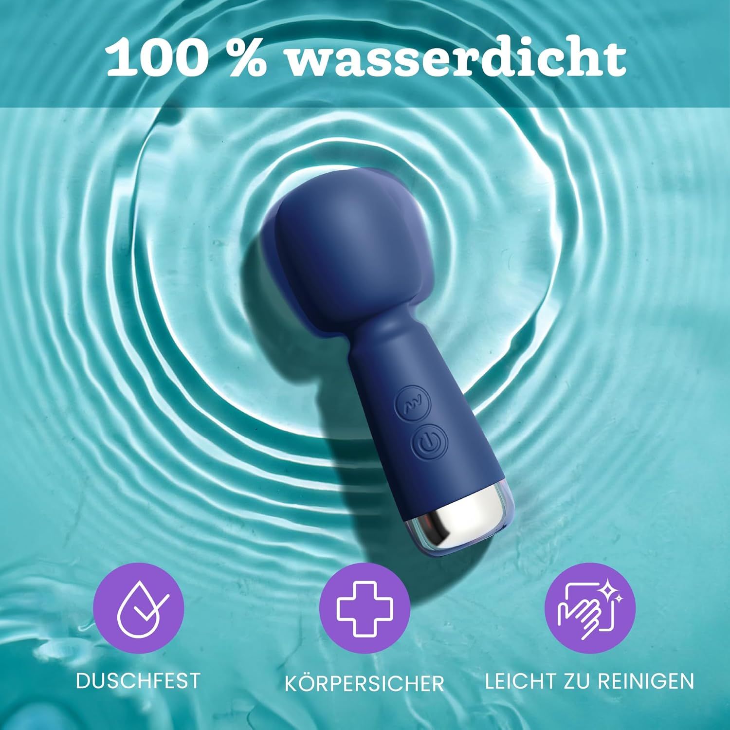 Blauer Mini Vibrator auf Wasseroberfläche. Symbole: Duschfest, Körpersicher, Leicht zu reinigen.