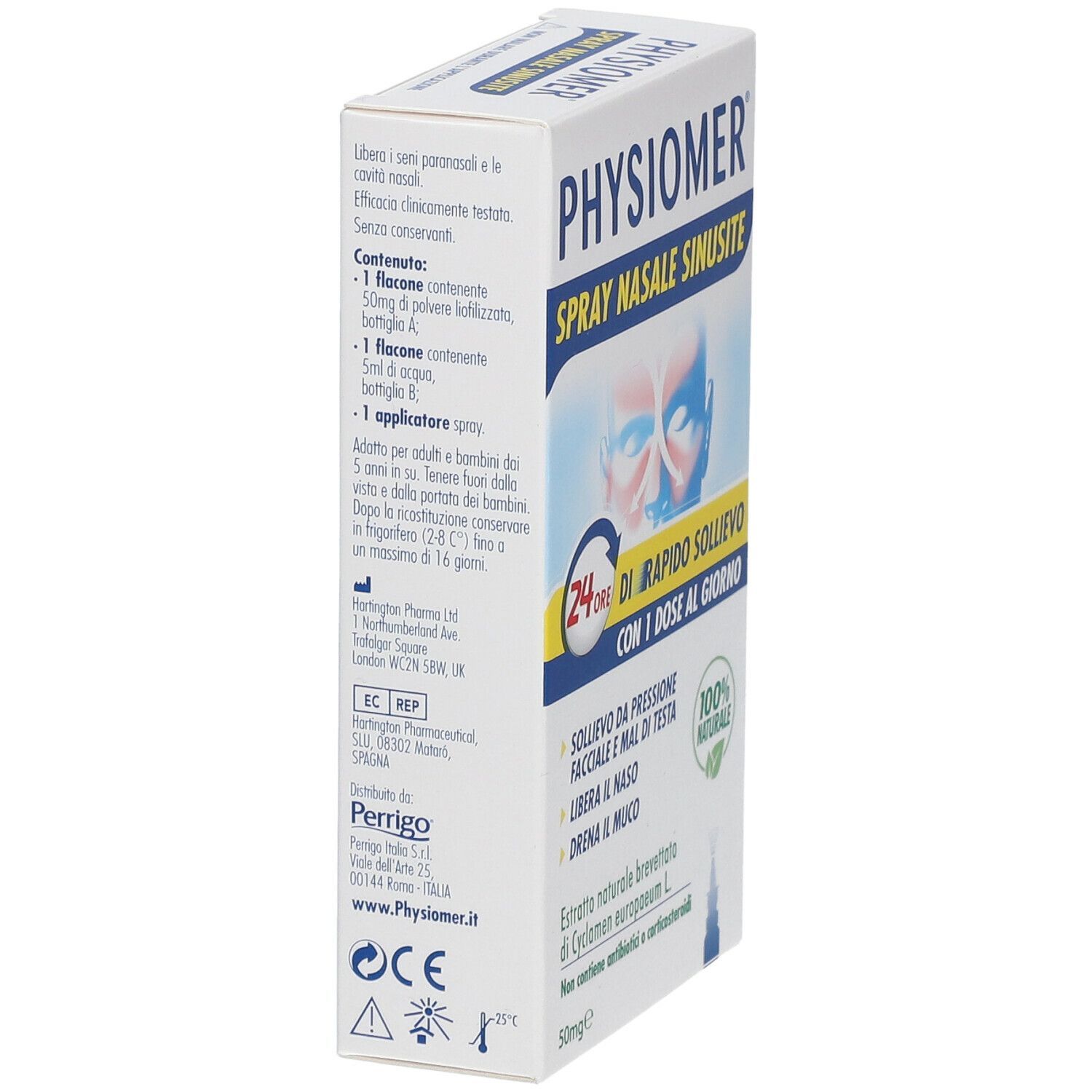 Confezione di PHYSIOMER Spray Nasale Sinusite. Contiene 50ml. Formula naturale al 100%. Sollievo rapido per 24 ore.