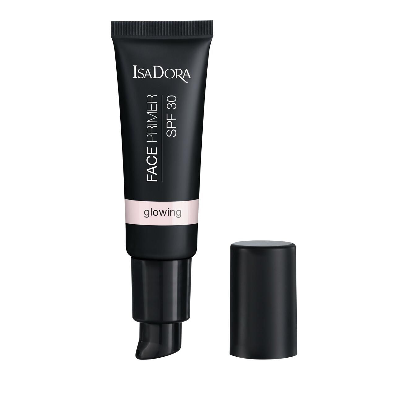 Schwarze Tube IsaDora Face Primer Glowing SPF 30 mit separater Kappe.