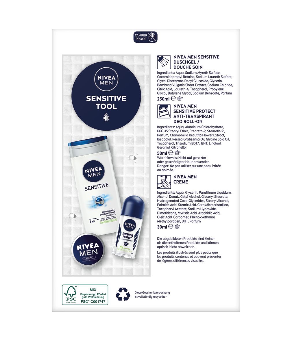 Rückseite der Geschenkset-Verpackung. Enthält Duschgel, Roll-On und Creme. NIVEA MEN Sensitive Tool. Inhaltsstoffe.
