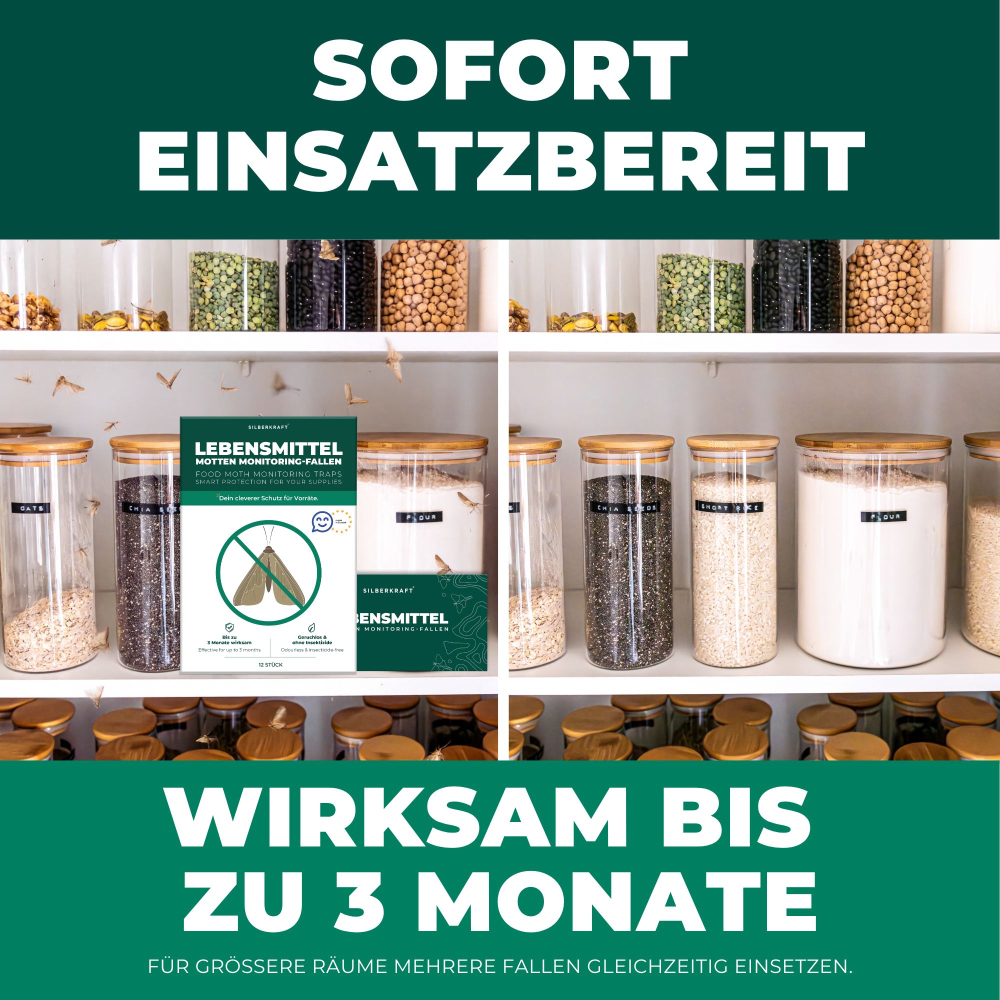 Produktverpackung in einem Regal. Text: Sofort einsatzbereit. Wirksam bis zu 3 Monate. Produktname: Lebensmittelmotten-Fallen.