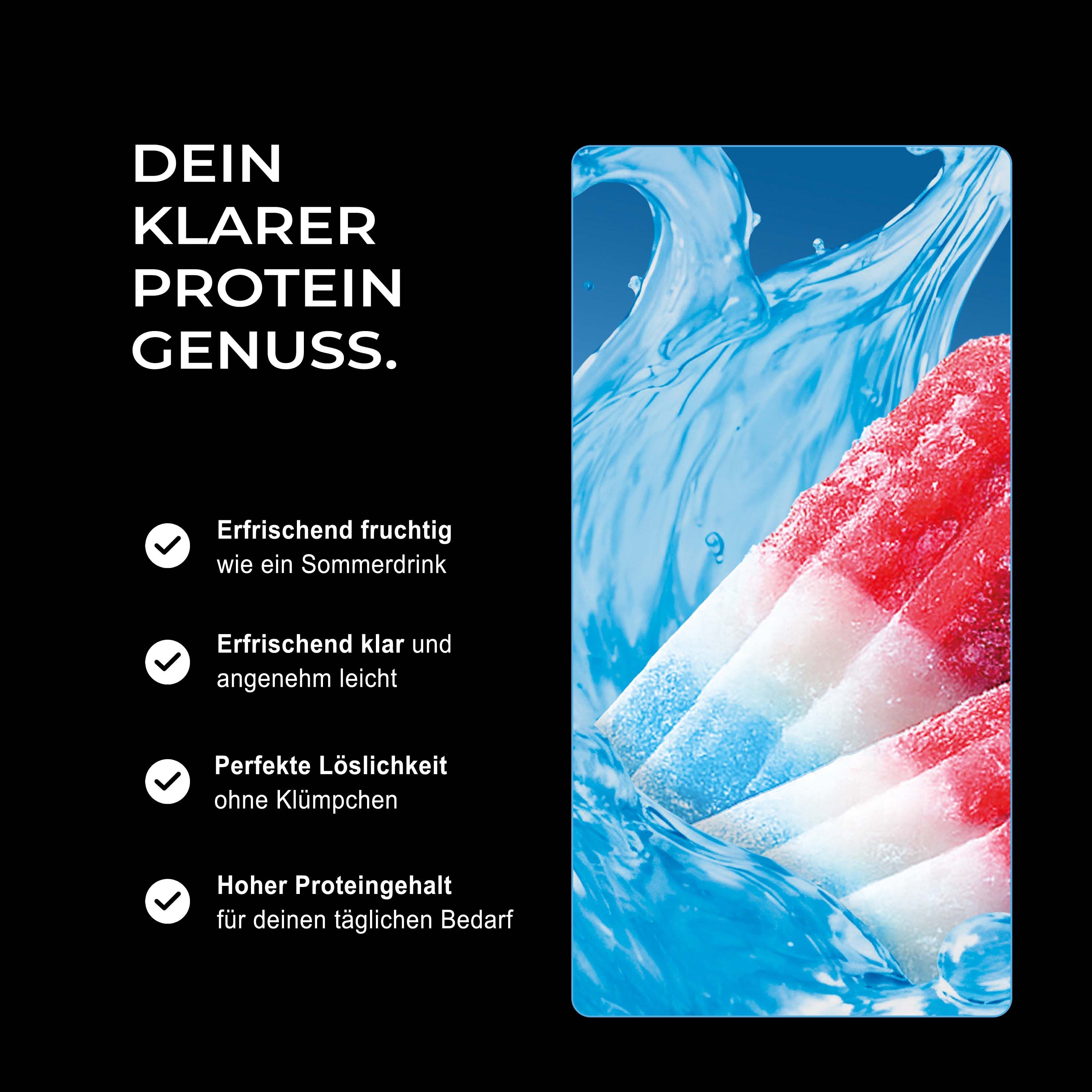 Neosupps Clear Isolate Protein: Erfrischend, klar, perfekt löslich, hoher Proteingehalt.