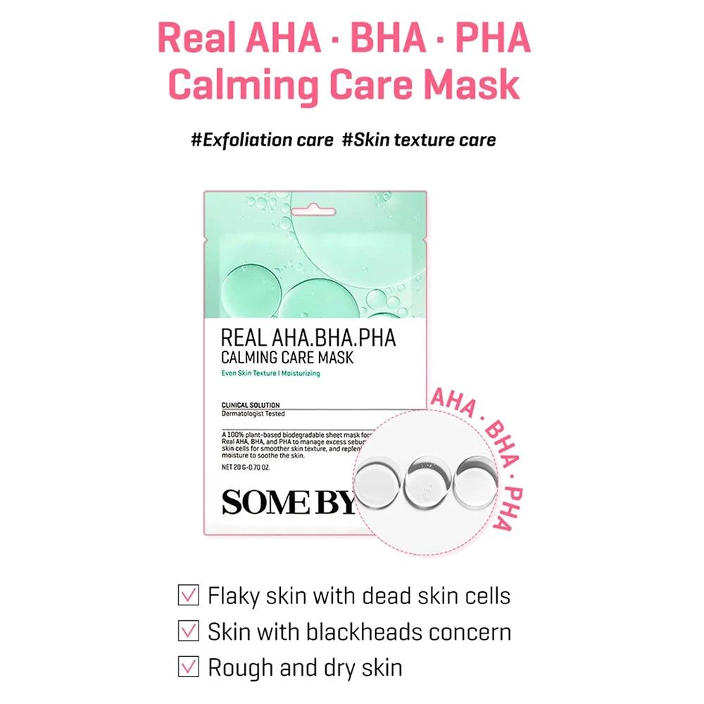 Verpackung der SOMEBYMI Real AHA-BHA-PHA Calming Care Mask. Text: Real AHA-BHA-PHA Calming Care Mask. Produktmerkmale sind hervorgehoben.