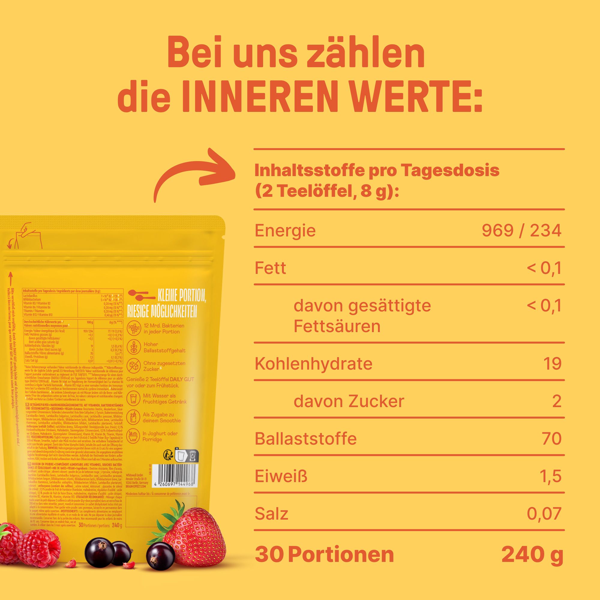 Nährwerttabelle. Energie, Fett, gesättigte Fettsäuren, Kohlenhydrate, Zucker, Ballaststoffe, Eiweiß, Salz. 30 Portionen, 240 g.