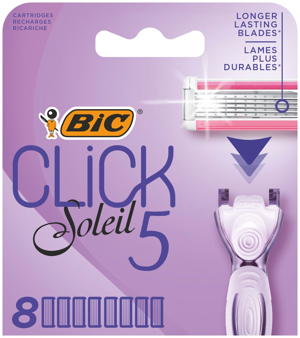 Packung mit BIC Click 5 Soleil Damenrasierer-Klingen. Lila und weiß. 8 Klingen-Nachfüllpackungen.