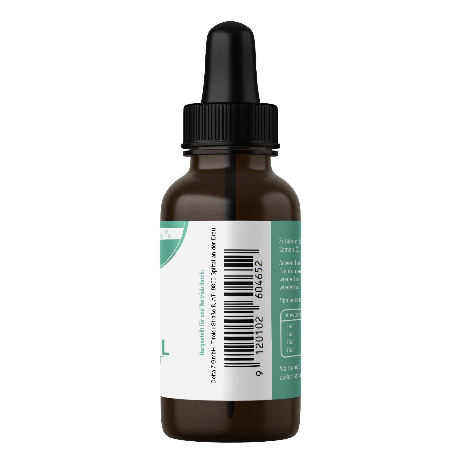 Rückseite der braunen Glasflasche mit Tropfer. Text: Herstellerinformationen, Barcode.