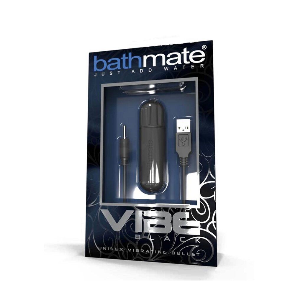 Bathmate Vibe Black Verpackung mit Vibrationskugel, Ladekabel und Aufsatz. 'JUST ADD WATER' und 'VIBE BLACK' sichtbar.