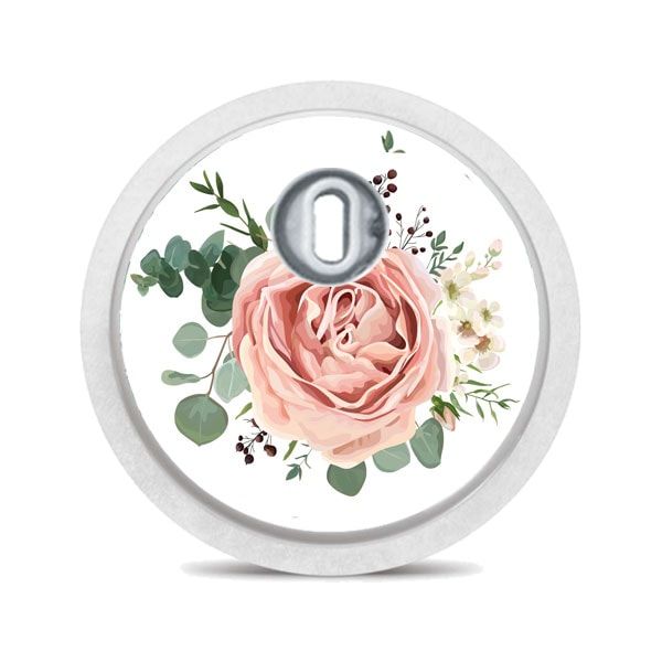 Runder Aufkleber mit floralem Design. Weiße Umrandung, Blumenmuster mit Rose und Eukalyptusblättern.