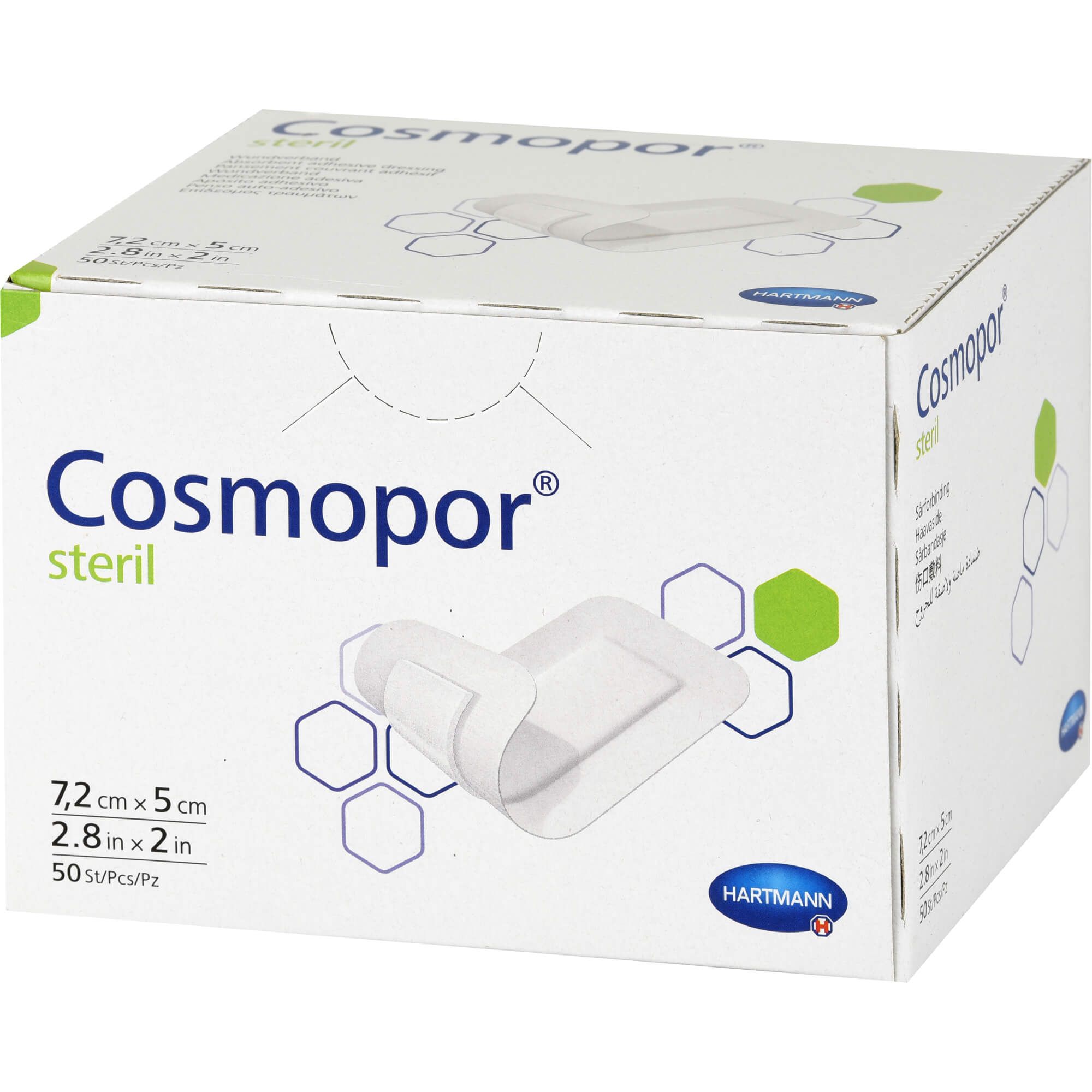 Hartmann Cosmopor® Steril Wundverband-Packung. Weißer Karton mit Produktabbildung. Aufschrift: Cosmopor steril, 7,2 x 5 cm, 50 St/Pcs/Pz. Hartmann Logo.
