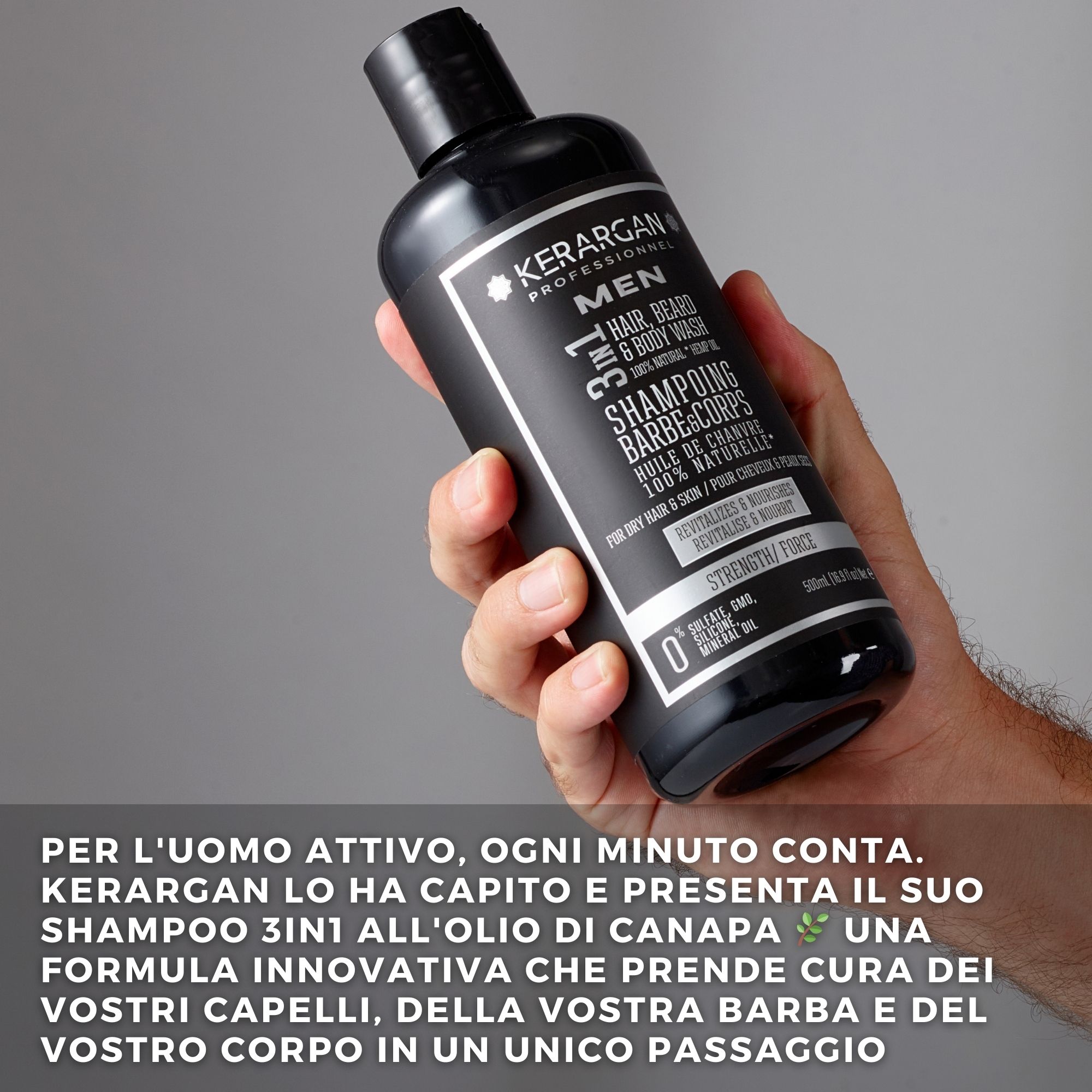 Mano che tiene un flacone di shampoo nero. Testo: Kerargan, Men, 3in1 Hair, Beard & Body Wash. Con olio di canapa.
