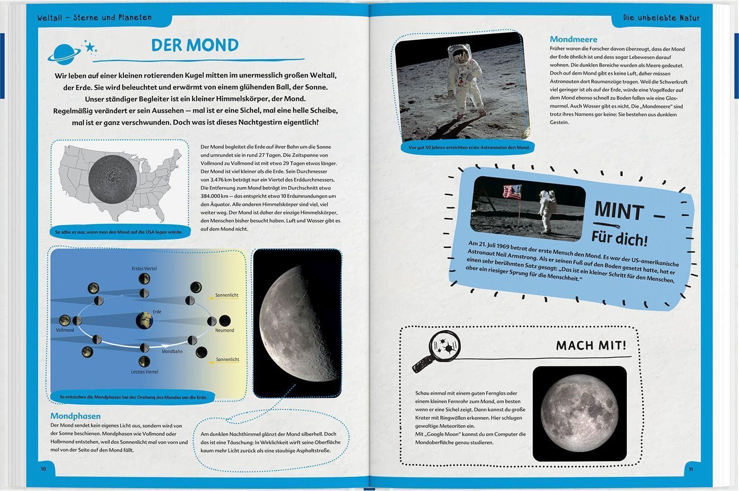 Doppelseite aus dem Buch Mein Kosmos Grundschulwissen Natur & Technik. Text, Illustrationen und Fotos zum Thema Mond.