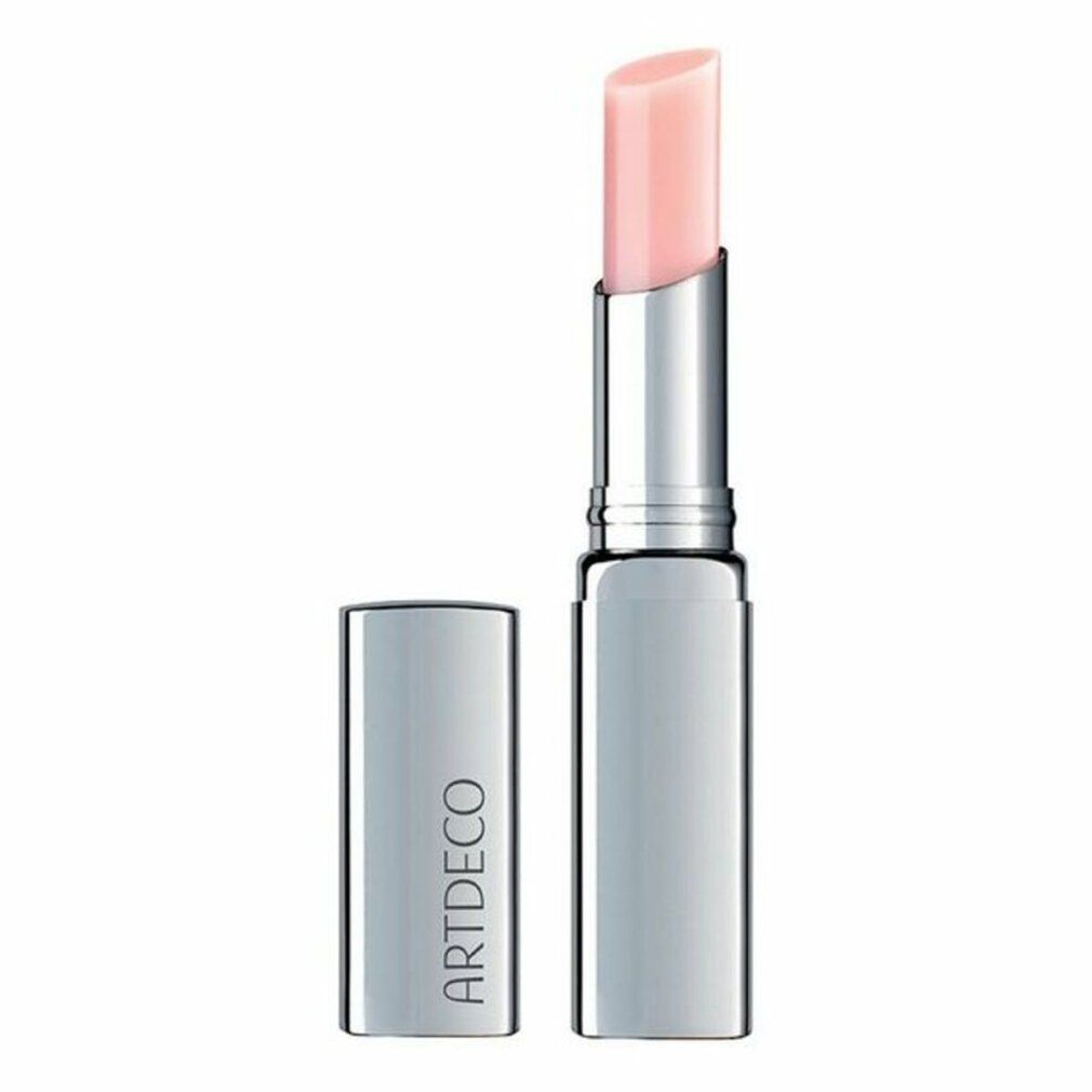 Artdeco Color Booster Lippenbalsam. Silberfarbener Stift mit rosa Lippenbalsam. Deckel daneben. Artdeco-Schriftzug.