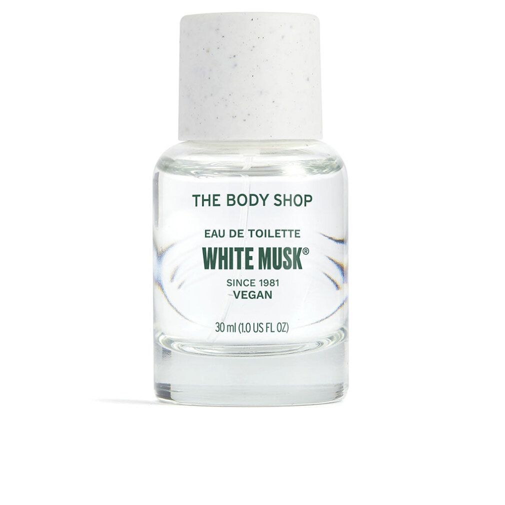 Klarer Flakon mit weißem Deckel. Aufschrift: White Musk, Eau de Toilette, The Body Shop. Vegan. 30 ml.
