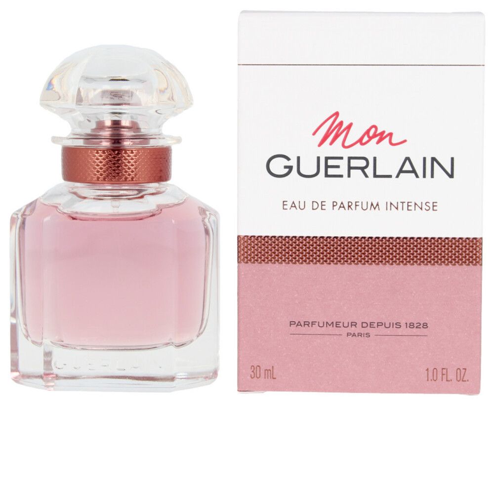 Guerlain Mon Guerlain Intense Edp Flakon und Verpackung. Rosa Flüssigkeit, 30 ml, transparente Flasche, weißer Karton.