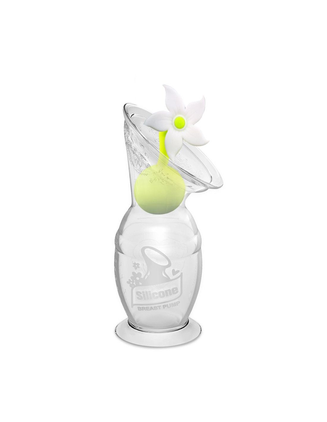 Transparente Milchpumpe mit Blumenverschluss. Silikon-Brustpumpe. Grüner Blumenverschluss im Trichter.
