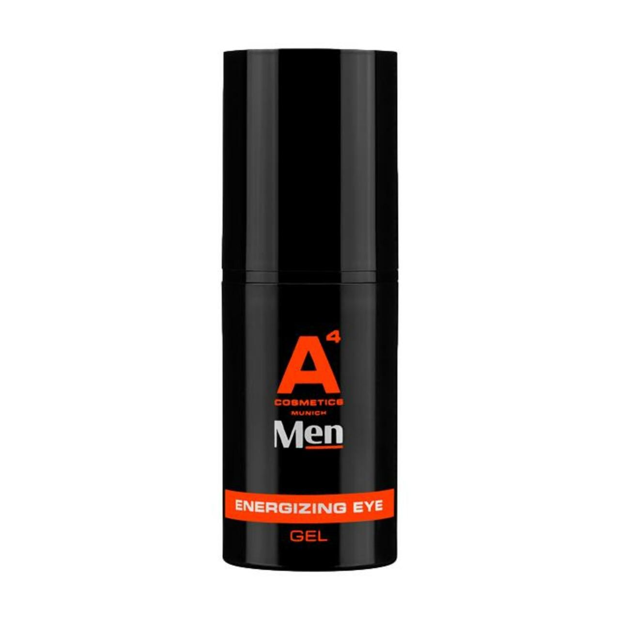 Schwarze Flasche mit orangefarbenem Etikett. Aufschrift: A4 Cosmetics Men, Energizing Eye Gel.