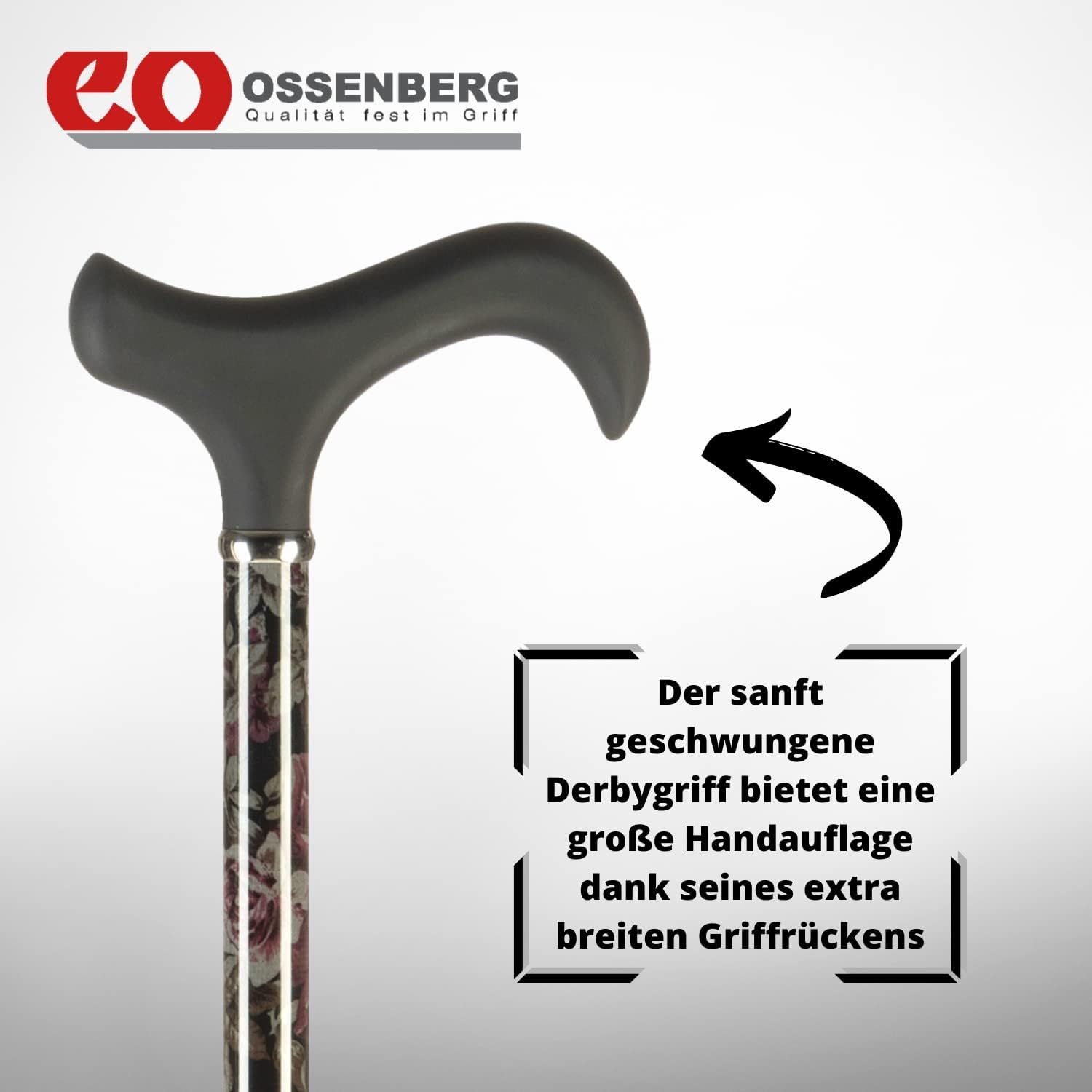 Nahaufnahme des Derbygriffs eines Gehstocks. Schwarzer Griff, floral gemusterter Schaft. Ossenberg Logo. Text: Derbygriff bietet große Handauflage.