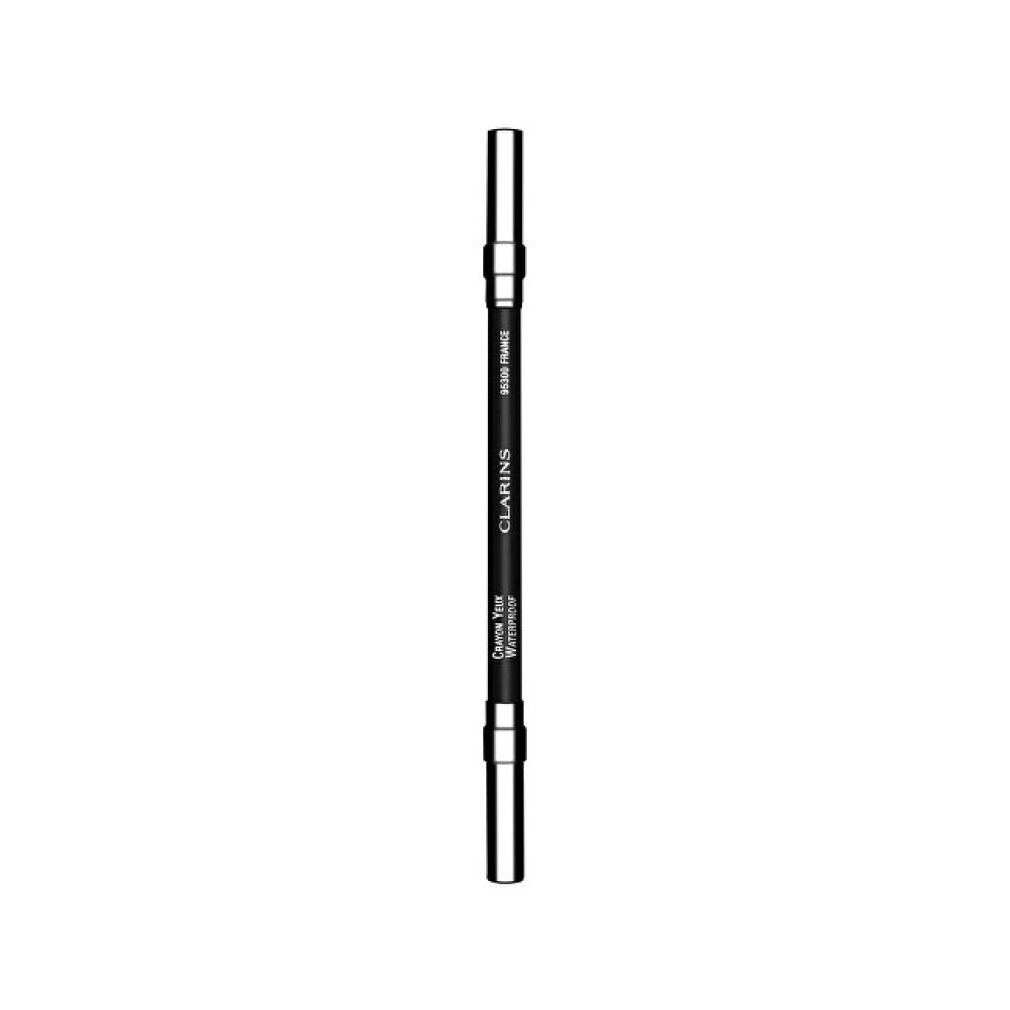 Schwarzer, wasserfester Augenstift mit silbernen Enden. Aufschrift: CLARINS, Crayon Yeux Waterproof, Eye Pencil.