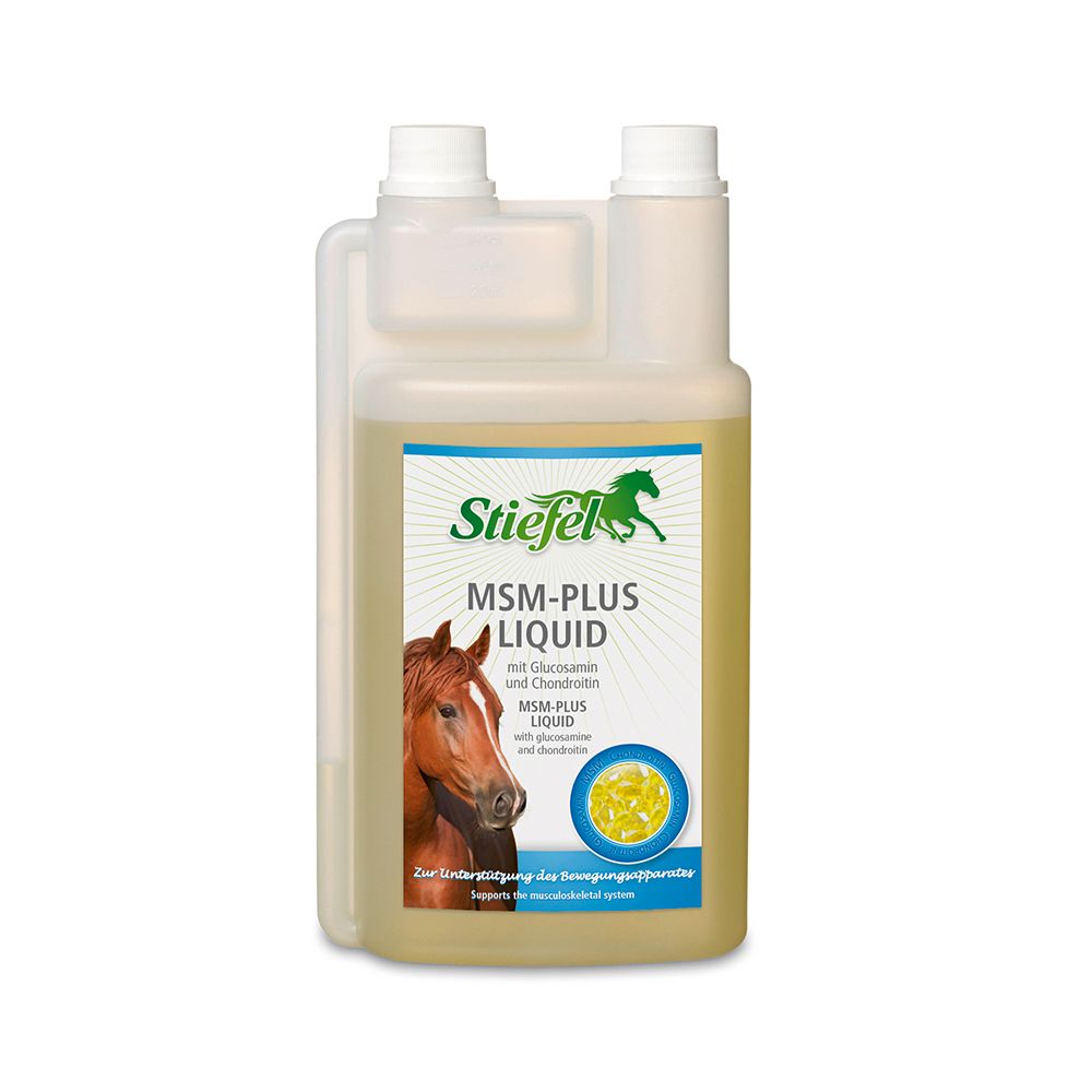 Behälter mit gelblicher Flüssigkeit. Aufschrift: Stiefel MSM-Plus Liquid. Abbildung eines Pferdekopfes und eines grünen Pferdes.