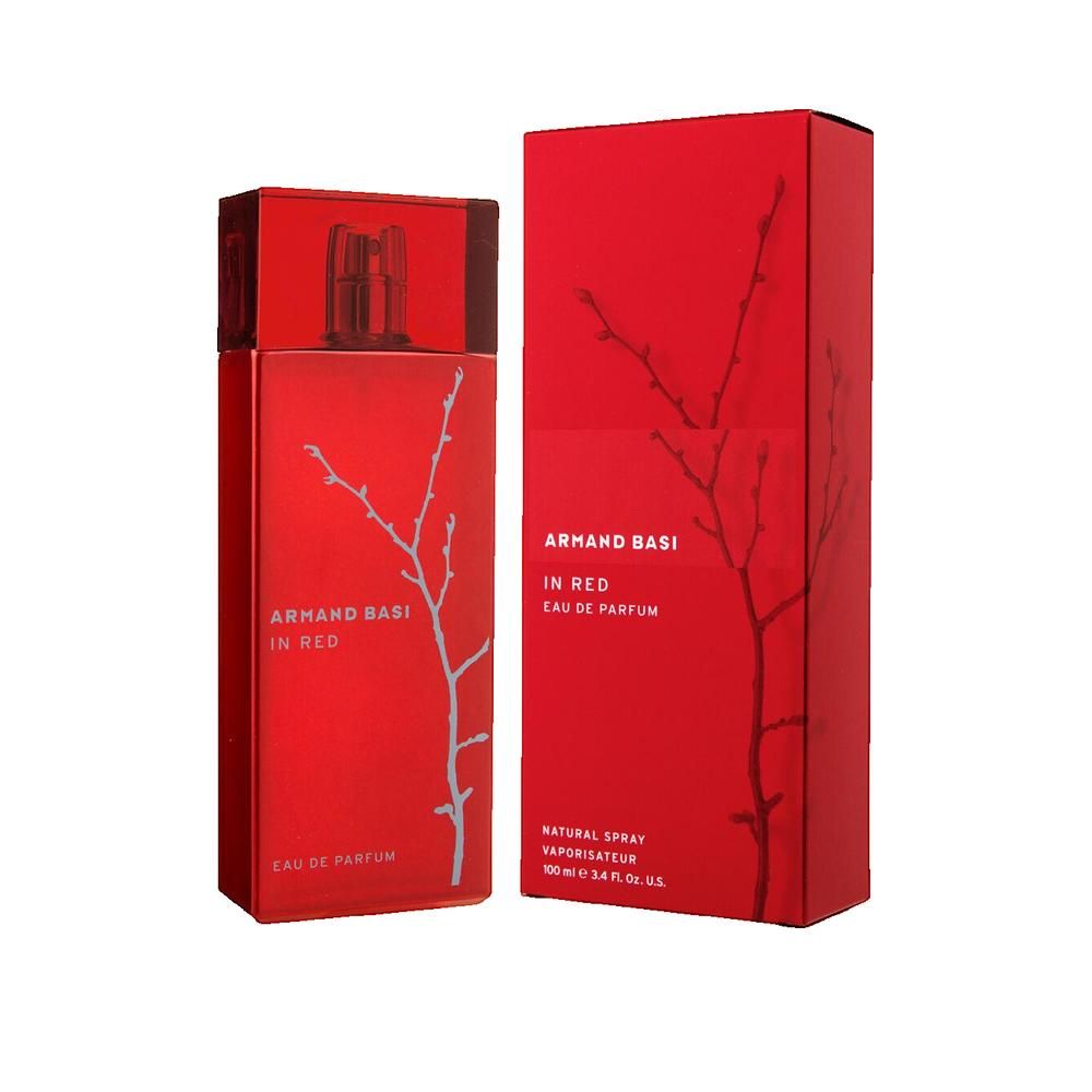 Roter Flakon und Schachtel. Aufschrift: Armand Basi In Red. Graues Ast-Design. Eau de Parfum. Verpackung.