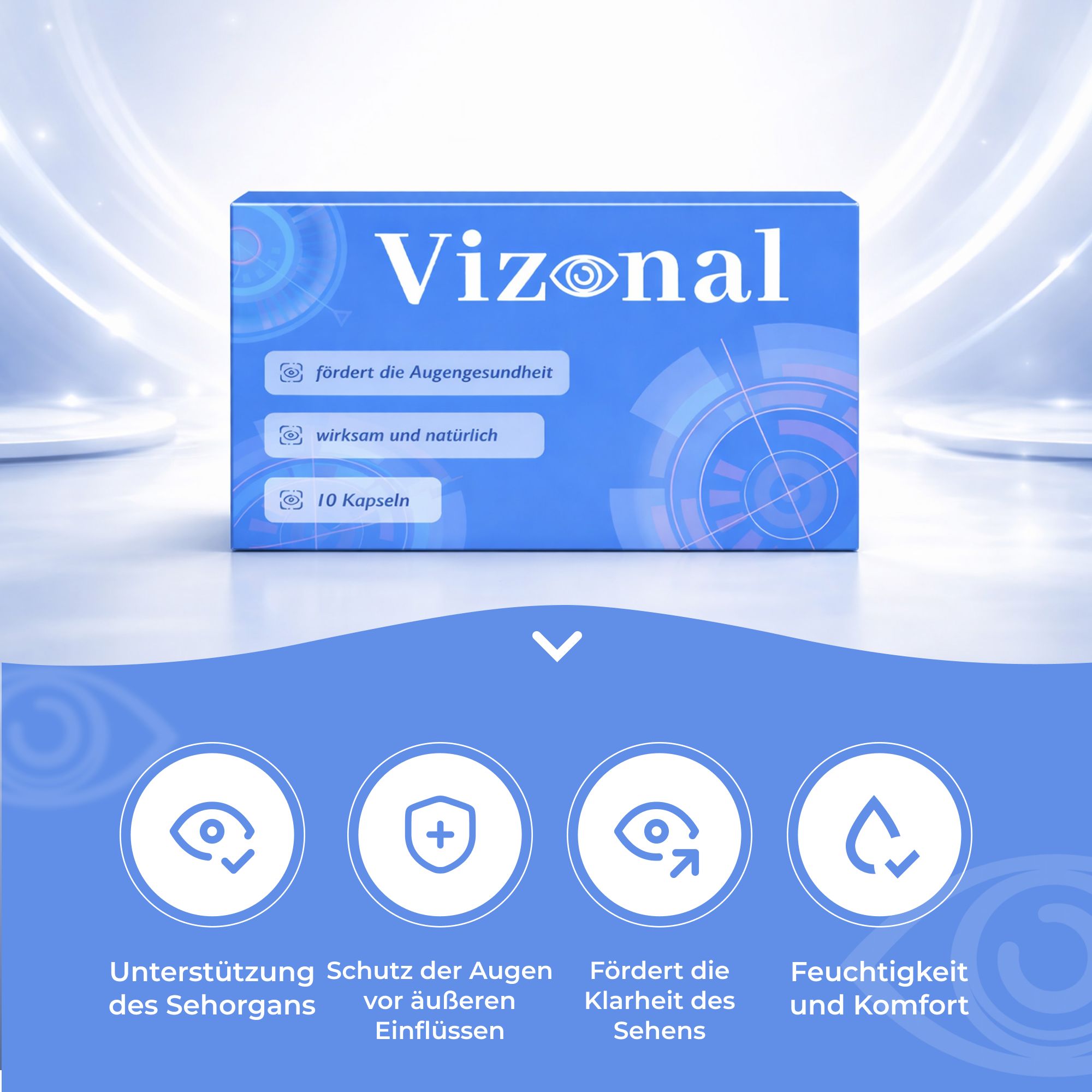 Blaue "Vizonal"-Schachtel. Text: "fördert die Augengesundheit", "wirksam und natürlich", "10 Kapseln". Symbole für Augen.