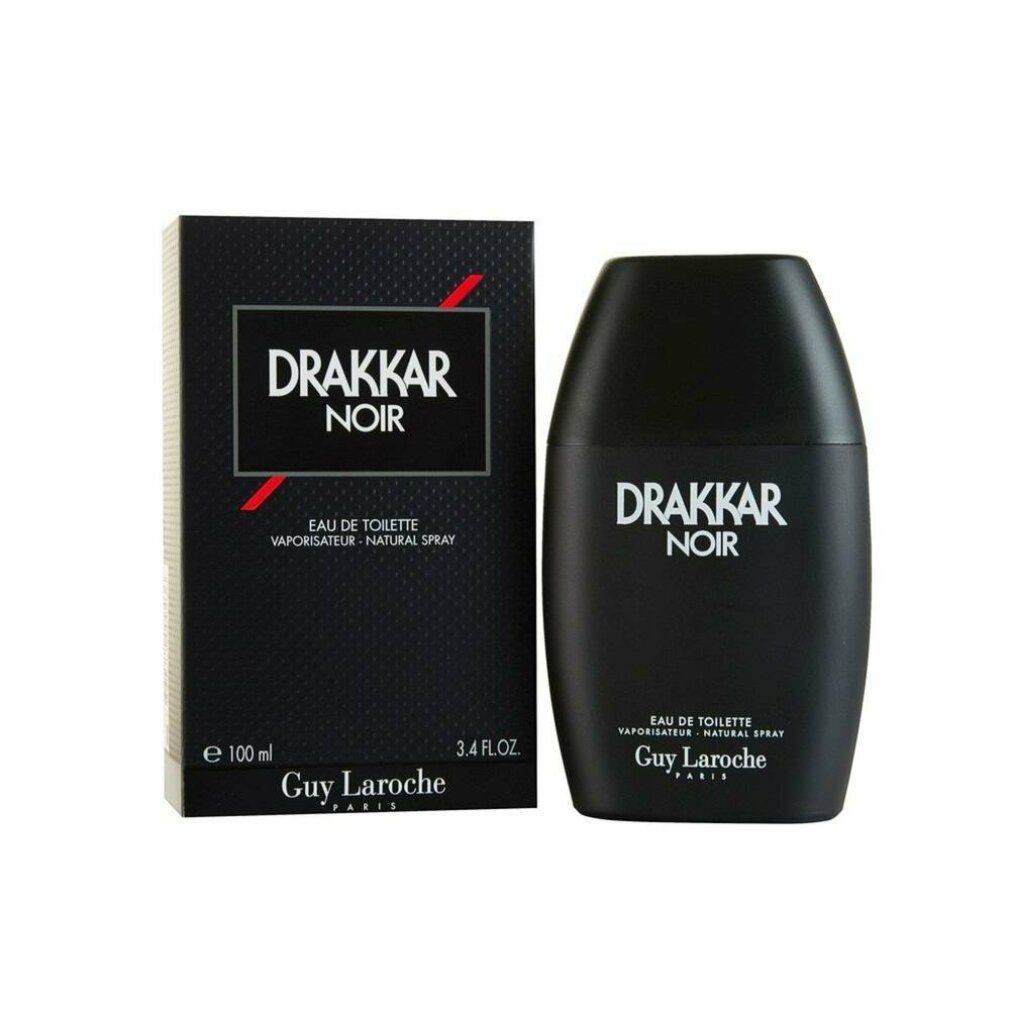Drakkar Noir Flasche und Karton. Schwarze Flasche, ovale Form. Karton mit Logo und Text. Eau de Toilette. Guy Laroche.