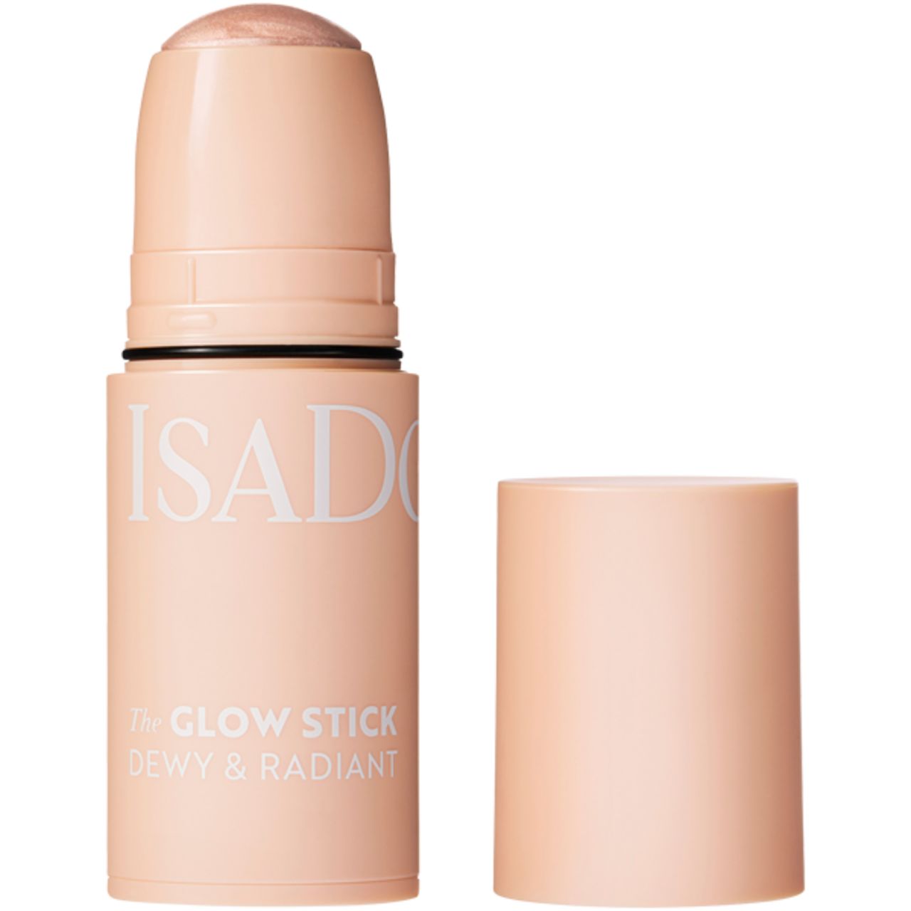 IsaDora The Glow Stick, geöffnet. Beigefarbener Stift mit abnehmbarer Kappe. Produktname und Beschreibung auf dem Stift.