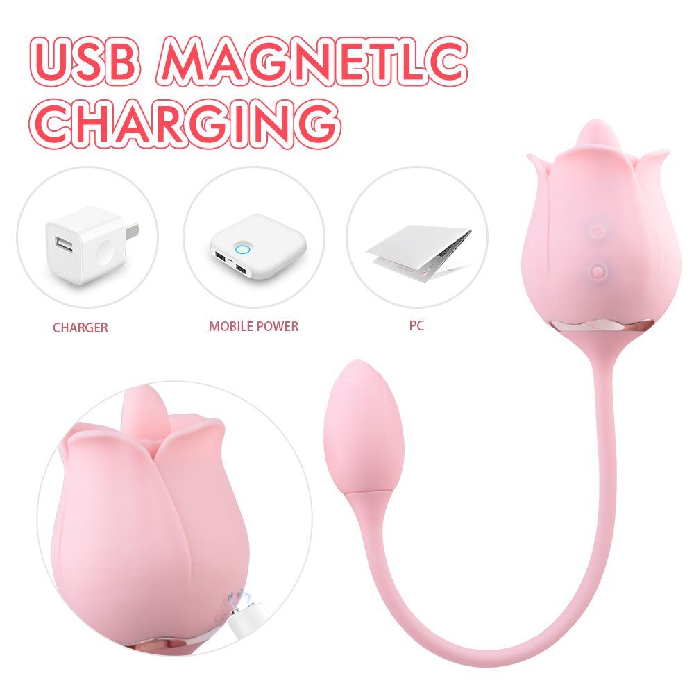 Rosa Vibrator in Rosenform mit Zungenaufsatz und Tropfenform. Zubehör: Ladegerät, Powerbank.