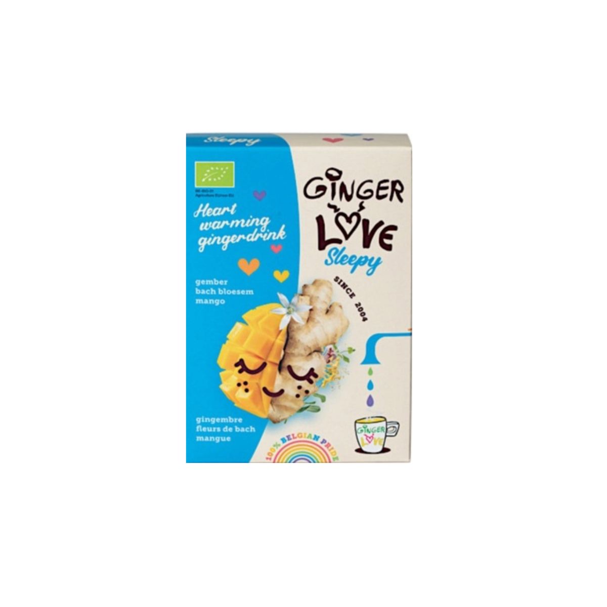 Kartonverpackung mit Produktaufdruck. Aufschrift: Ginger Love Sleepy. Abbildung von Mango und Ingwer. Bio-Siegel.