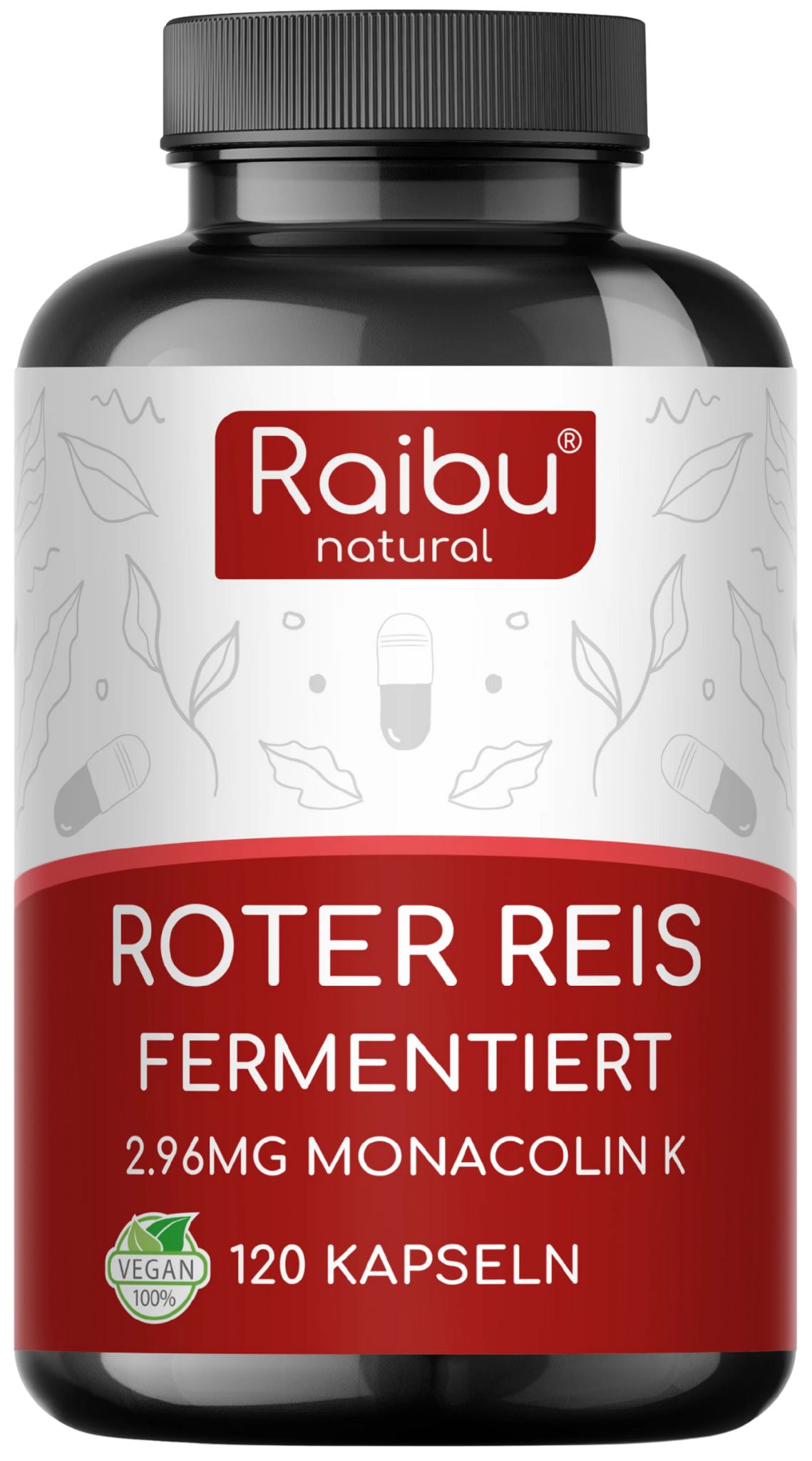Braune Flasche mit rotem Etikett. Text: Roter Reis, 2,96 mg Monacolin K, 120 Kapseln. Vegan-Siegel.