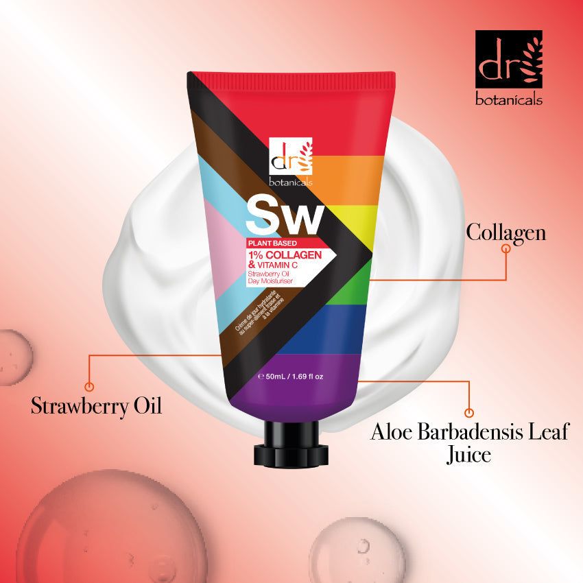 Tube mit farbenfrohem Design. Aufschrift: Dr Botanicals, Sw, 1% Collagen & Vitamin C. Produktnamen und Inhaltsstoffe.