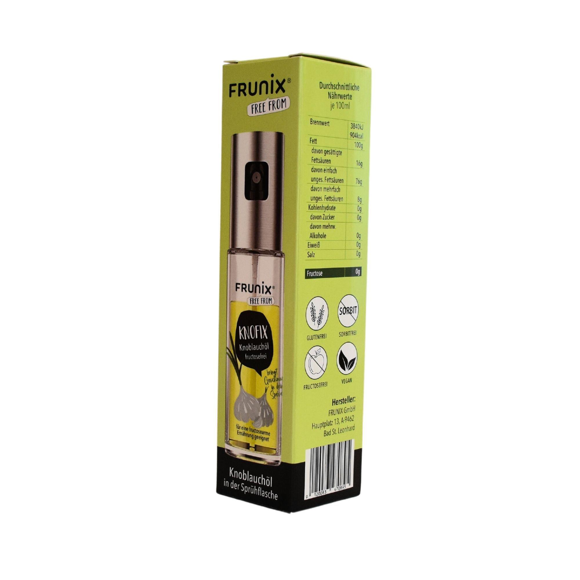 Produktverpackung mit Sprühflasche. Aufschrift: FRUNIX FREE FROM. Angaben zu Nährwerten und Zertifizierungen.