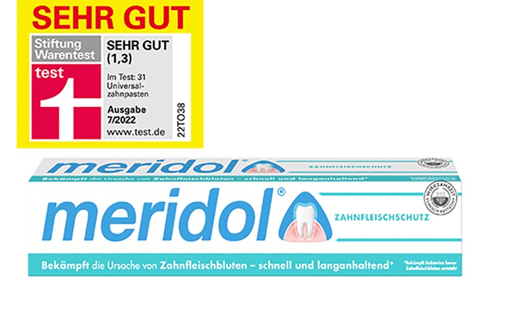 Verpackung von "meridol" Zahnpasta mit Schriftzug und Logo. Siegel "SEHR GUT" von Stiftung Warentest.