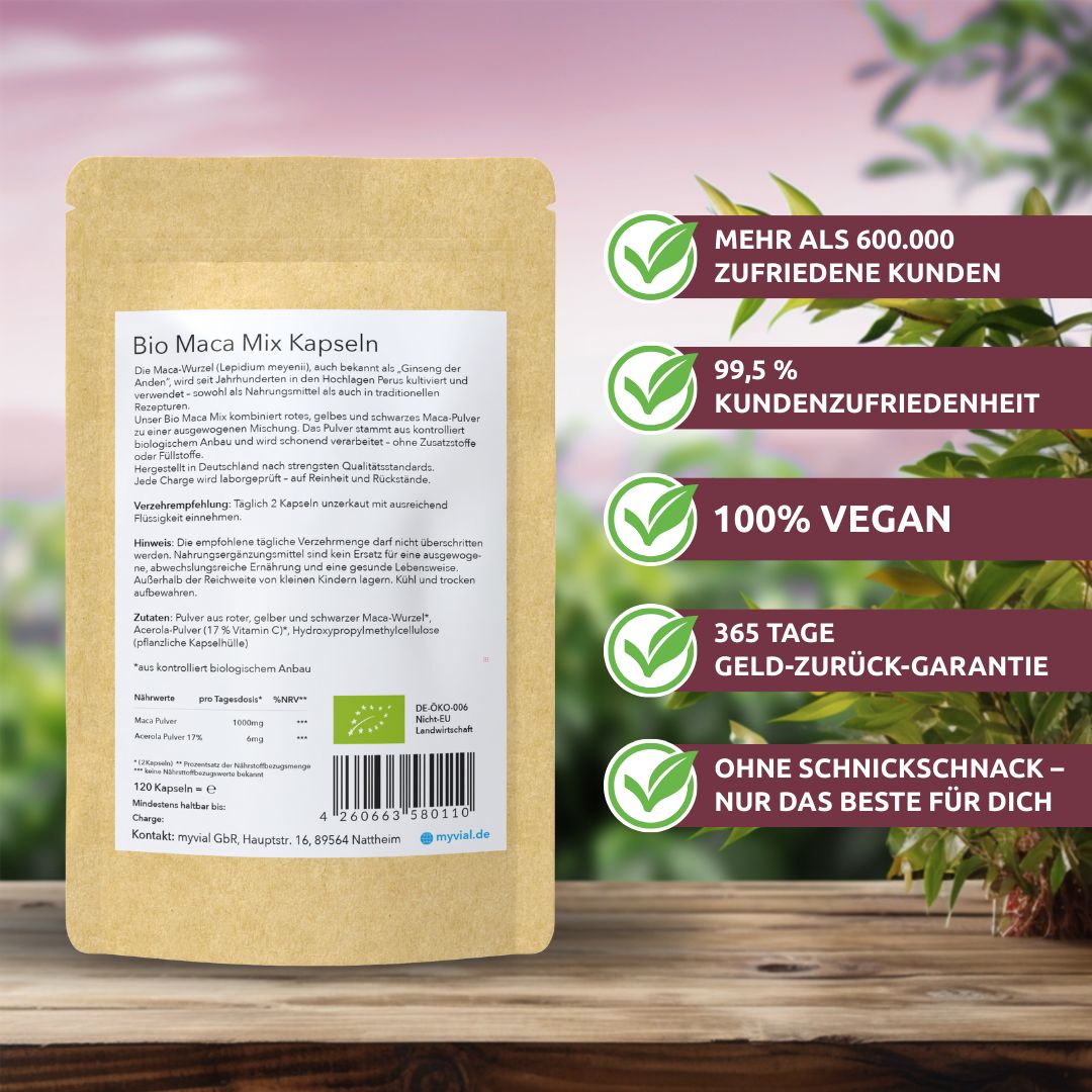 myvial® Bio Maca Mix Kapseln - 120 St mit 3 Maca-Sorten & Acerola - vegan & plastikfrei