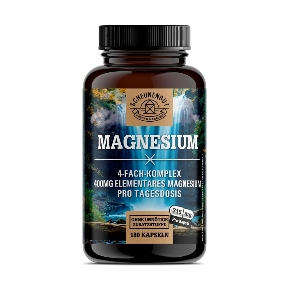 Braune Dose mit Magnesium-Kapseln. Etikett zeigt Wasserfall-Landschaft und Produktinfos.