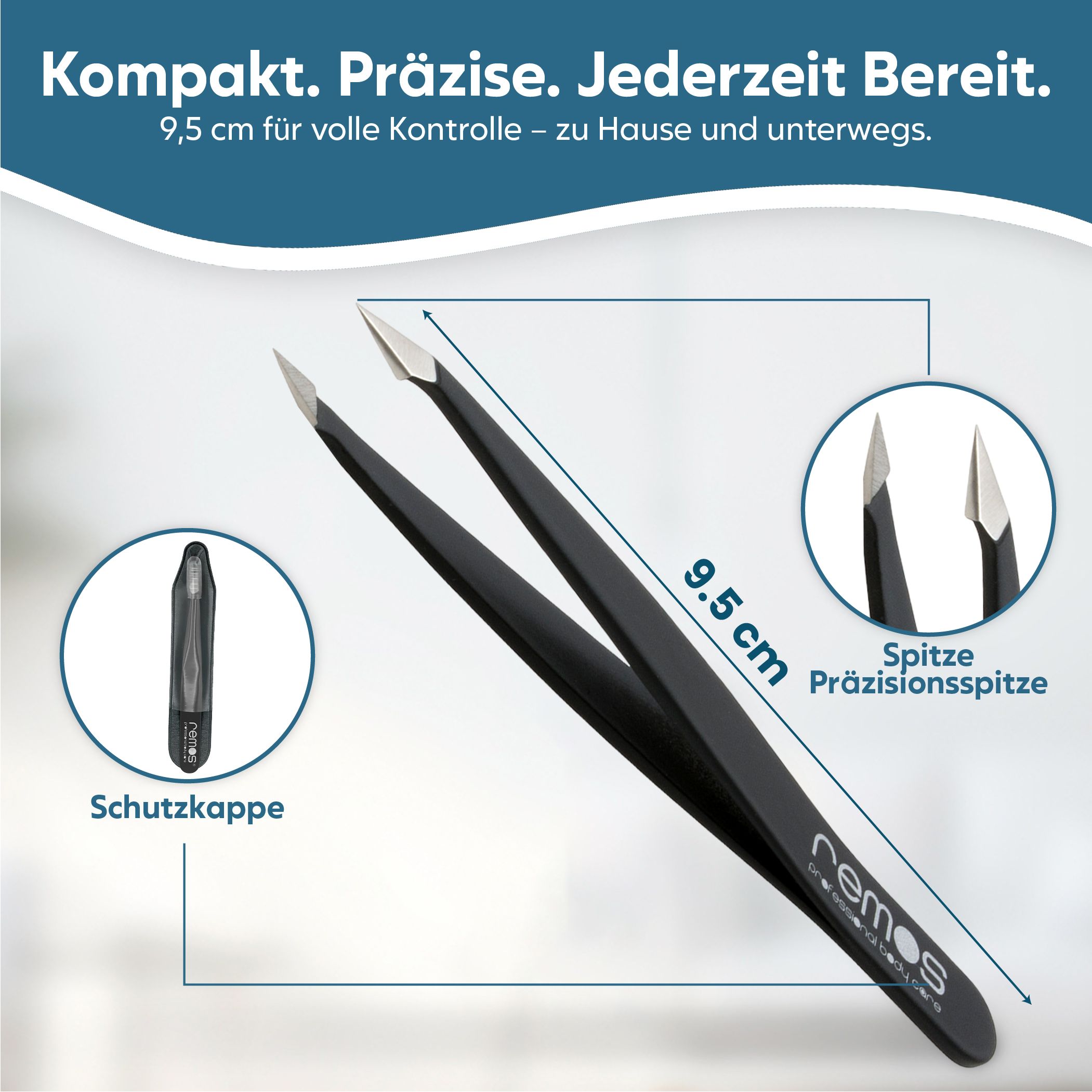 Schwarze Pinzette, 9,5 cm lang, mit Schutzhülle und Präzisionsspitzen. Marke: nemos.