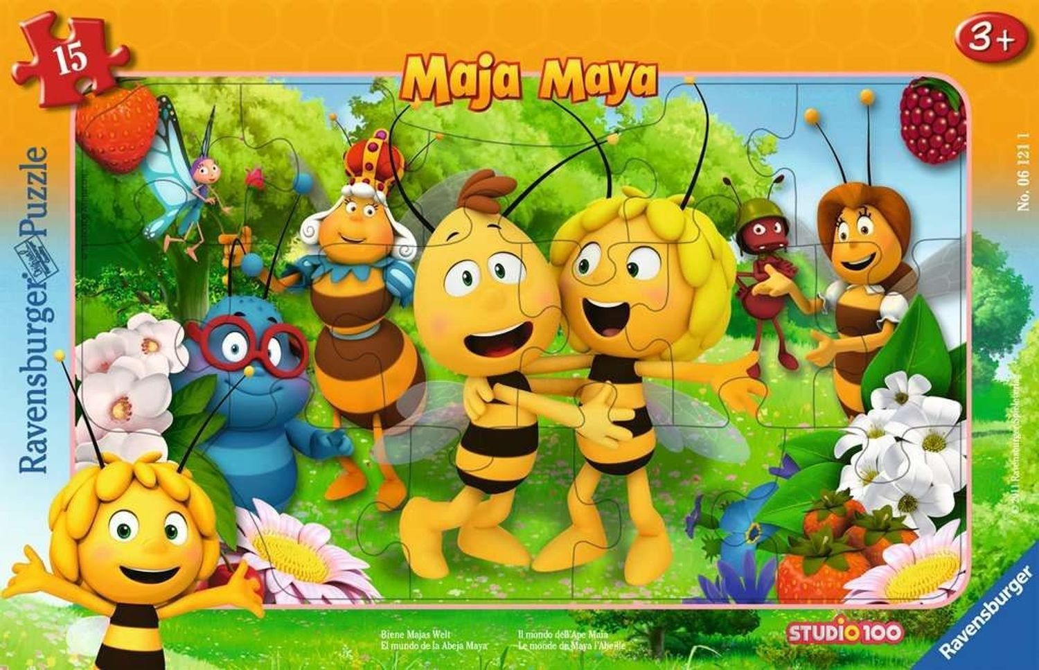 Puzzlespiel mit 15 Teilen. Motiv: Biene Maja und Freunde. Aufschrift: Maja Maya, Ravensburger Puzzle, 3+.