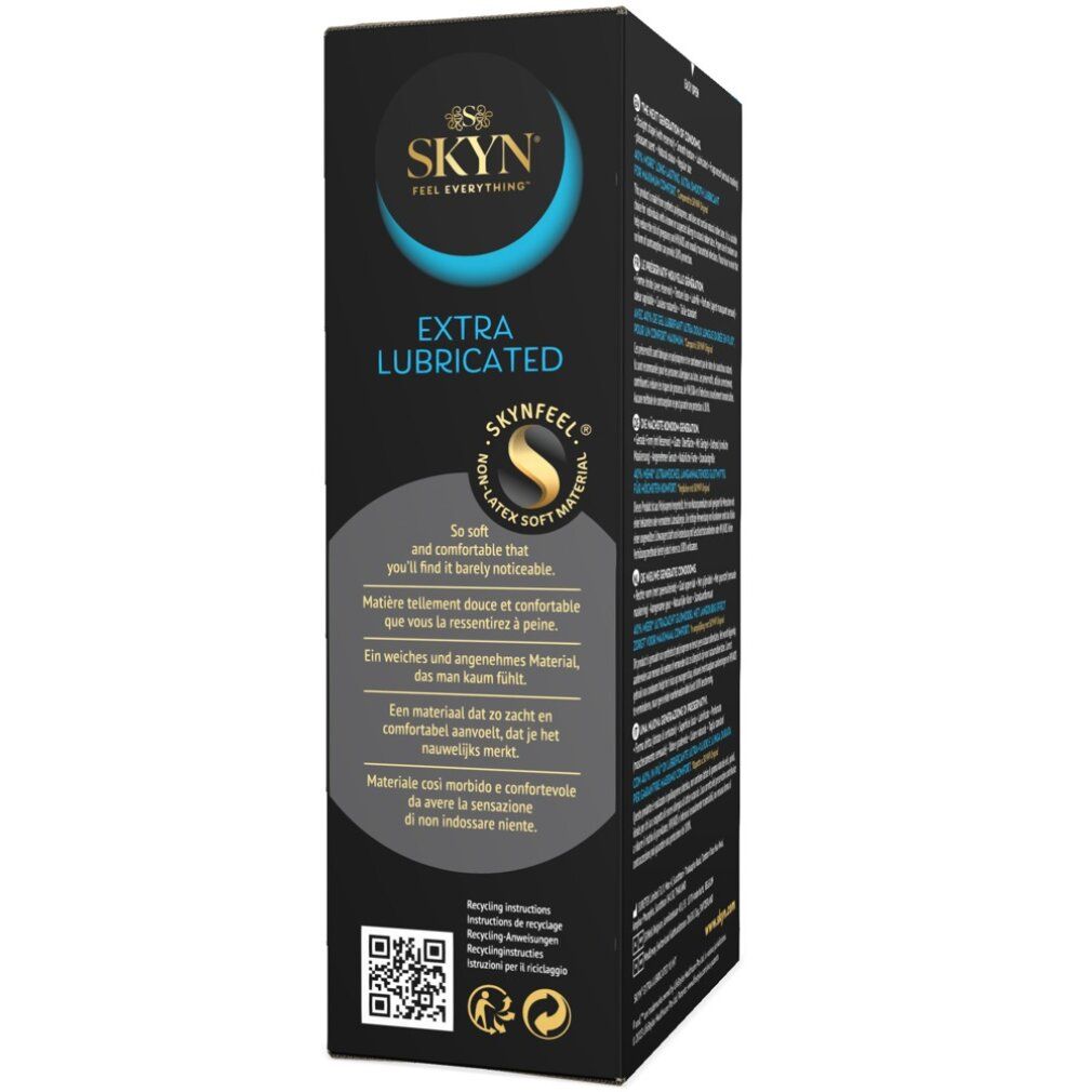 Schwarze Schachtel mit Kondomen. Aufschrift: SKYN, Extra Lubricated, 10 Stück. Nicht aus Latex.