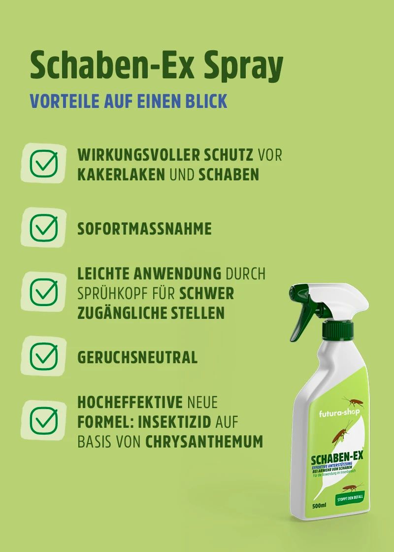 Grafik mit Text: Vorteile auf einen Blick. Enthält Symbole und Text über Schutz vor Kakerlaken, Sofortmaßnahme, einfache Anwendung.