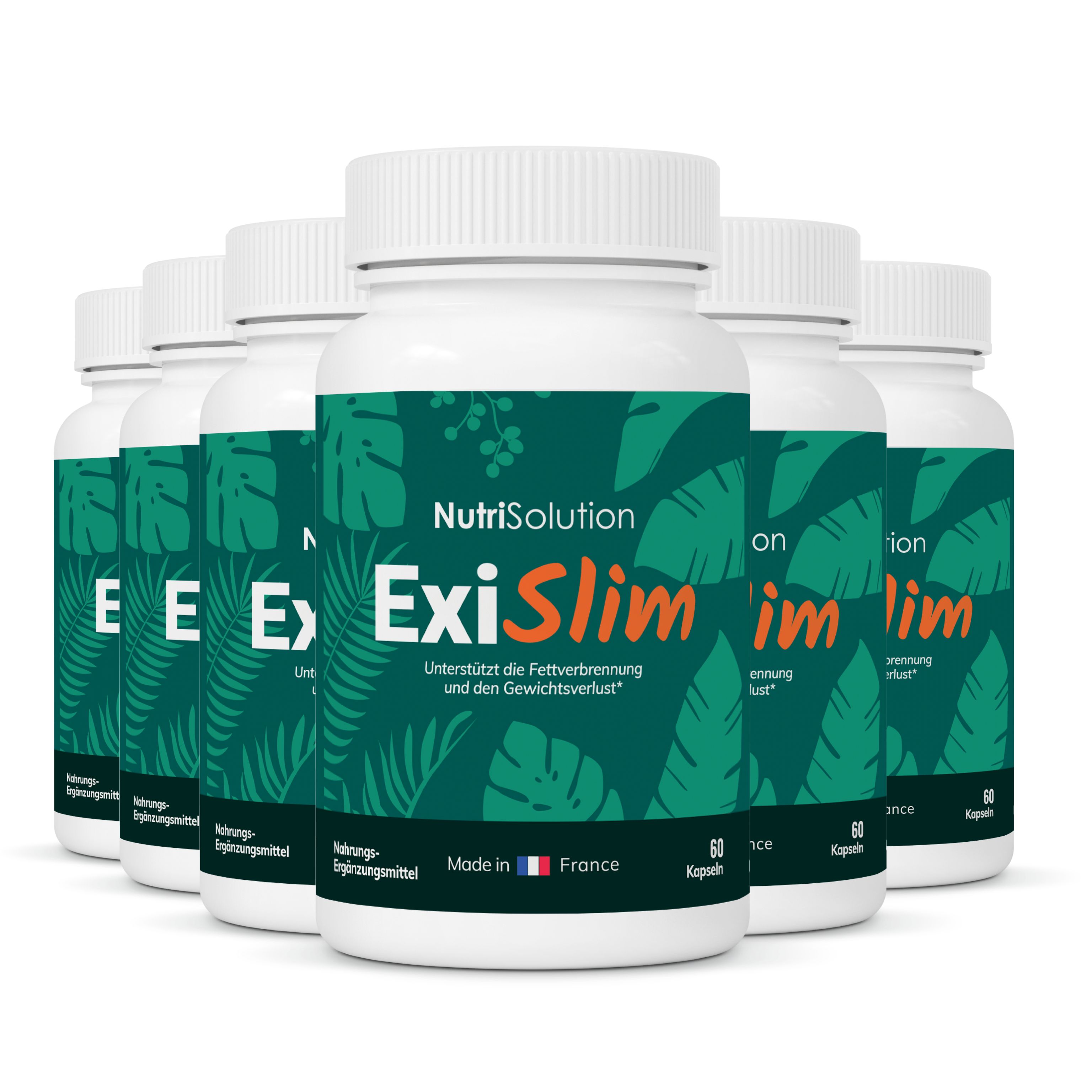 Sechs Flaschen NutriSolution ExiSlim mit tropischem Blattmuster.