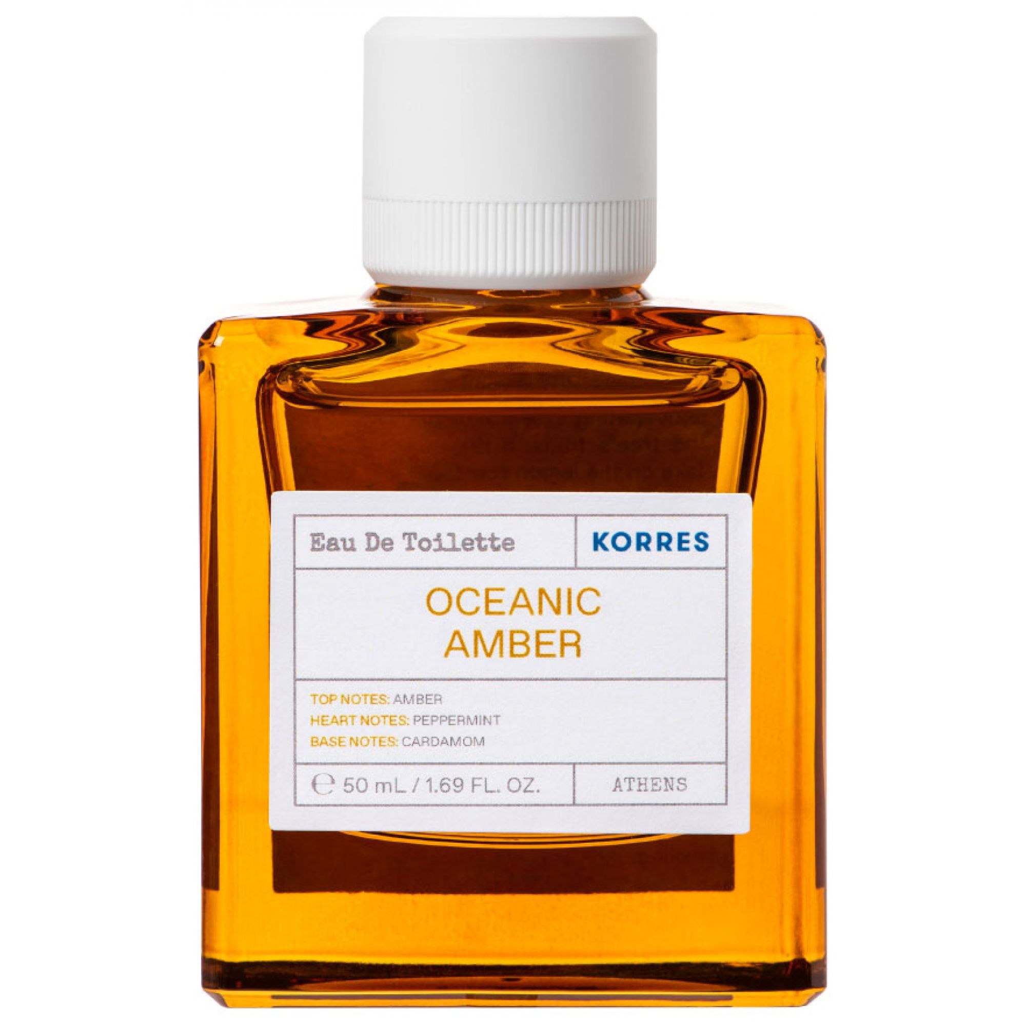 Korres Eau de Toilette Oceanic Amber Flakon. Bernstein-farbene Flüssigkeit, weiße Kappe.