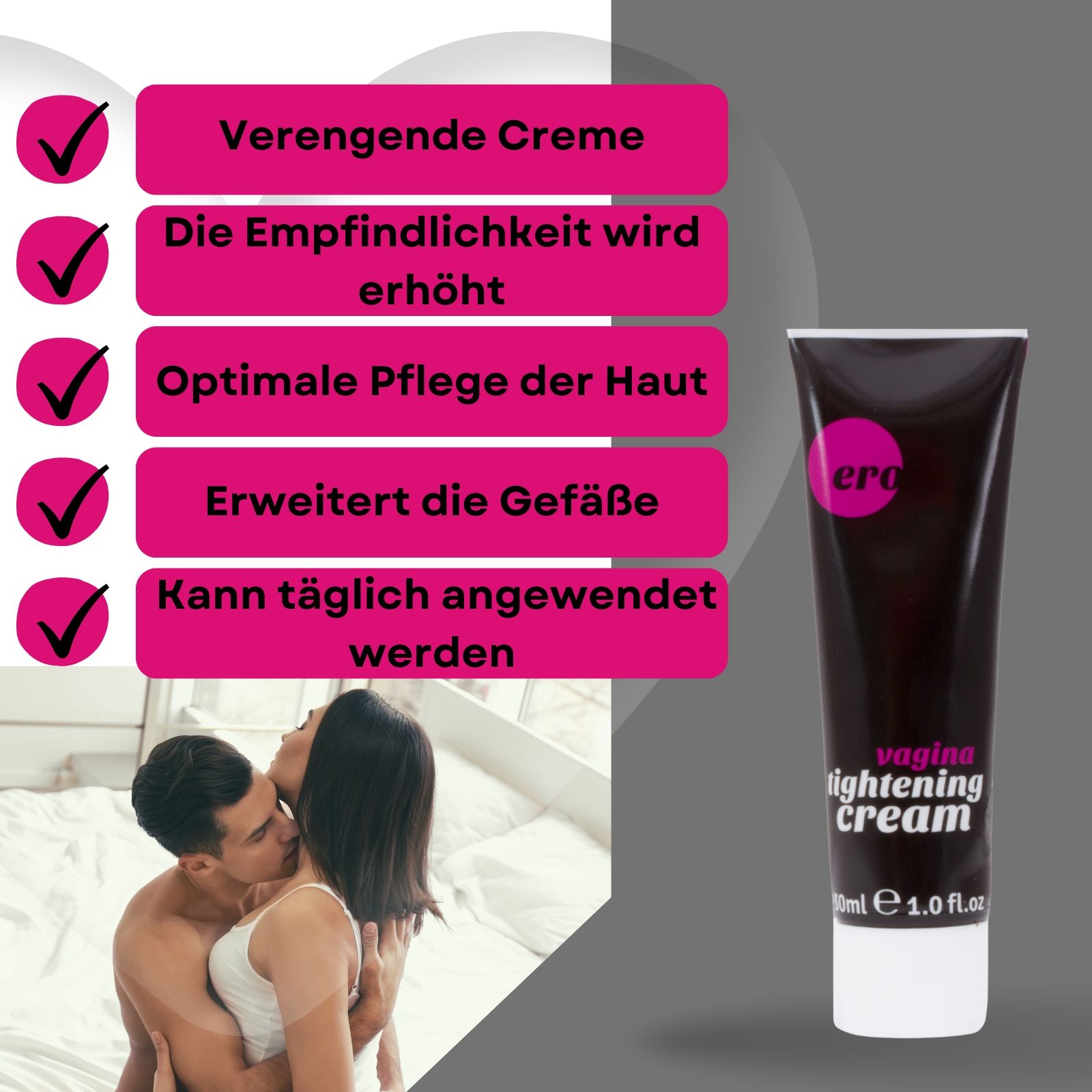 Creme-Tube und Textfeld mit Aufzählungszeichen. Aufschrift: vagina tightening cream. Marke: ero. Paar im Hintergrund.
