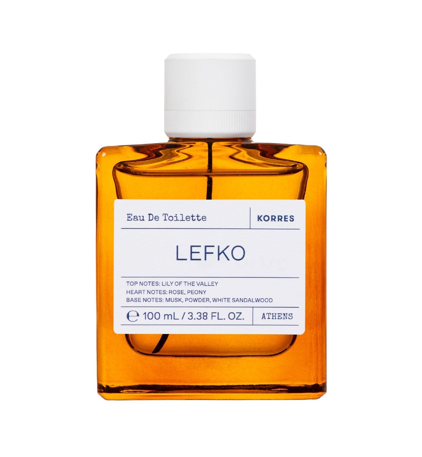 Quadratischer Flakon mit weißem Verschluss. Aufschrift: Lefko, Eau de Toilette, KORRES. Produktinformationen auf dem Etikett.