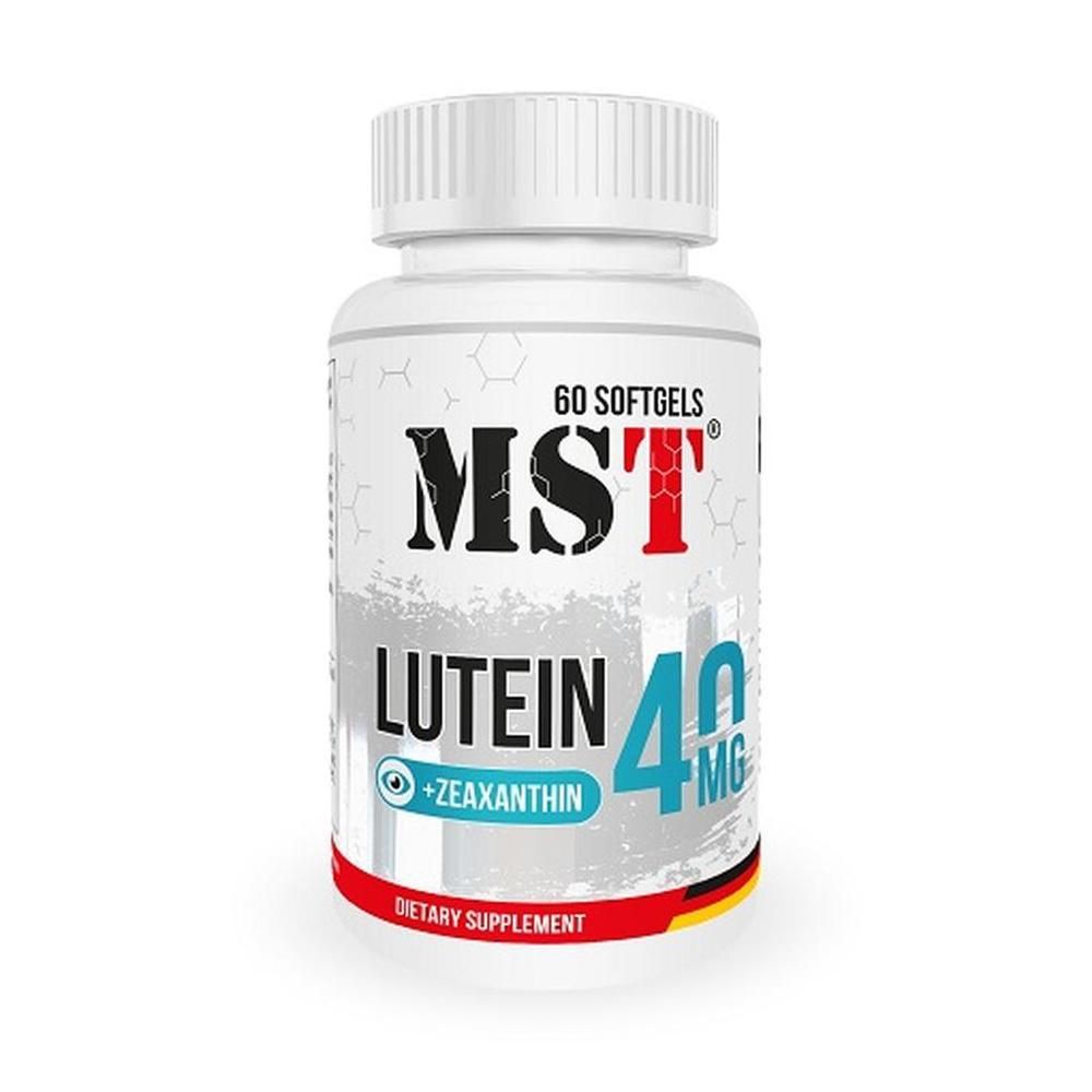 Weiße Flasche mit MST Lutein+Zeaxanthin. 60 Softgels. 40mg Lutein. Dietary Supplement.